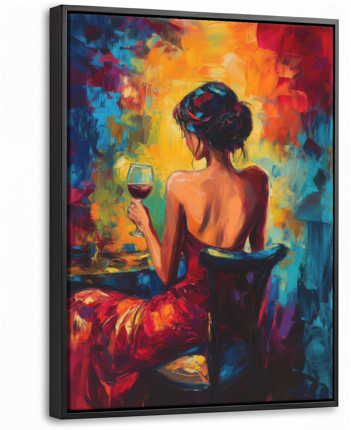 Canvas Schilderij met Baklijst 30x40cm - Wijn - Vrouw - Sfeervol - Kleurrijk - Muurdecoratie woonkamer - Slaapkamer decoratie - Kamer accessoires - Schilderijen op canvas met lijst