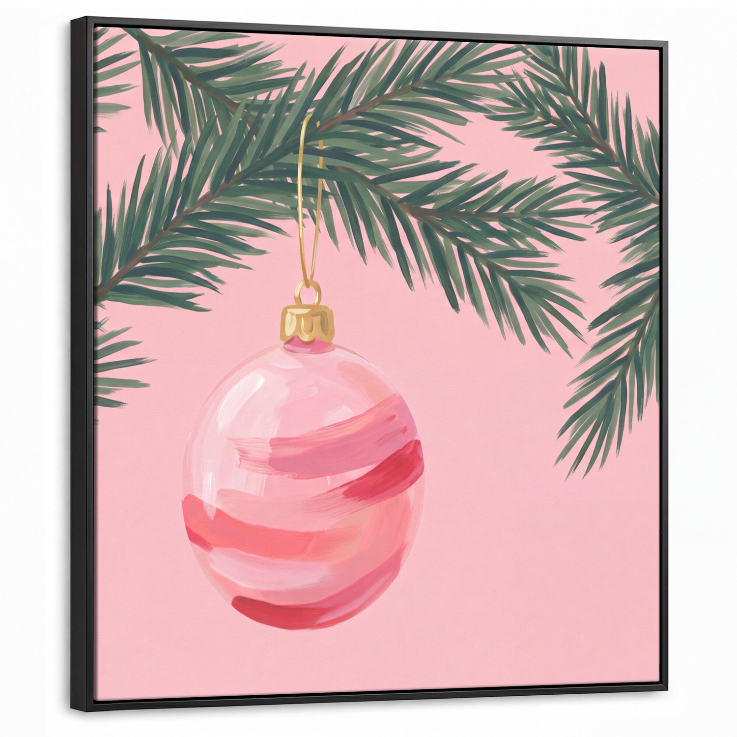 Canvas Schilderij met Baklijst 90x90cm - Kerstbal - Roze - Kerst - Muurdecoratie woonkamer - Slaapkamer decoratie - Kamer accessoires - Schilderijen op canvas met lijst