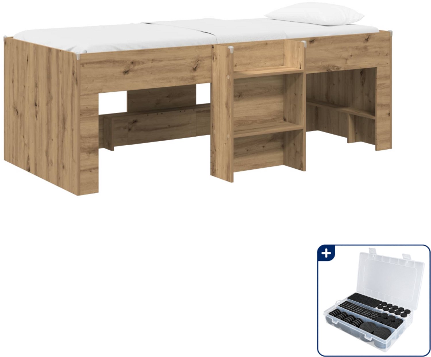 vidaXL kinder hoogslaper - 90 x 200 cm - bewerkt hout - artisanaal eiken - Inclusief antikrasvilt 177-delig Bruin