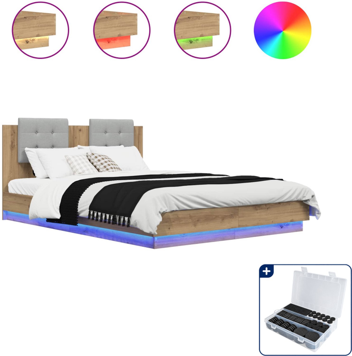 vidaXL Bedframe - Small double - 140 x 200 cm - Artisan Eiken - Inclusief antikrasvilt 177-delig Bruin