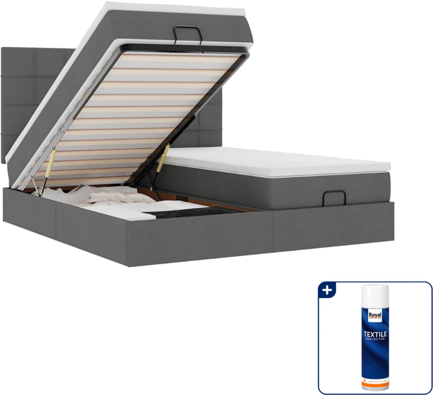 vidaXL Ottoman bed - Super kingsize - 200 x 200 cm - donkergrijs - Inclusief textielbeschermer 500 ml