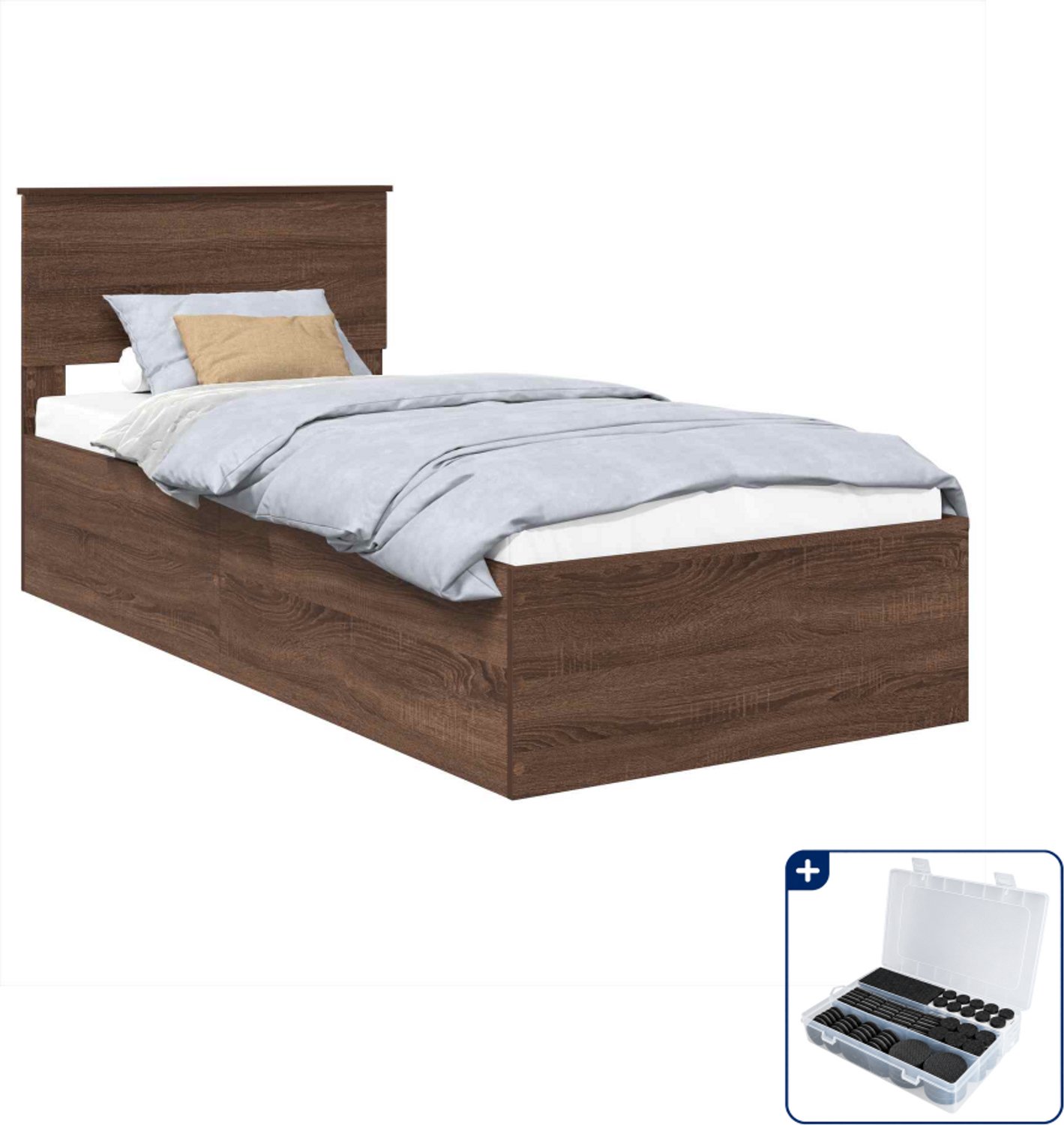 vidaXL bedframe - 75 x 190 cm - bewerkt hout - bruin eiken - Inclusief antikrasvilt 177-delig Grijs