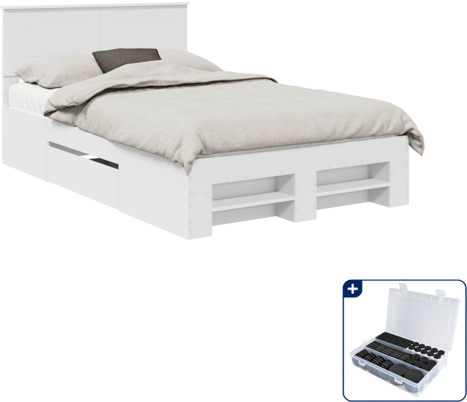 vidaXL bedframe - 135 x 190 cm - bewerkt hout - wit - Inclusief antikrasvilt 177-delig Grijs