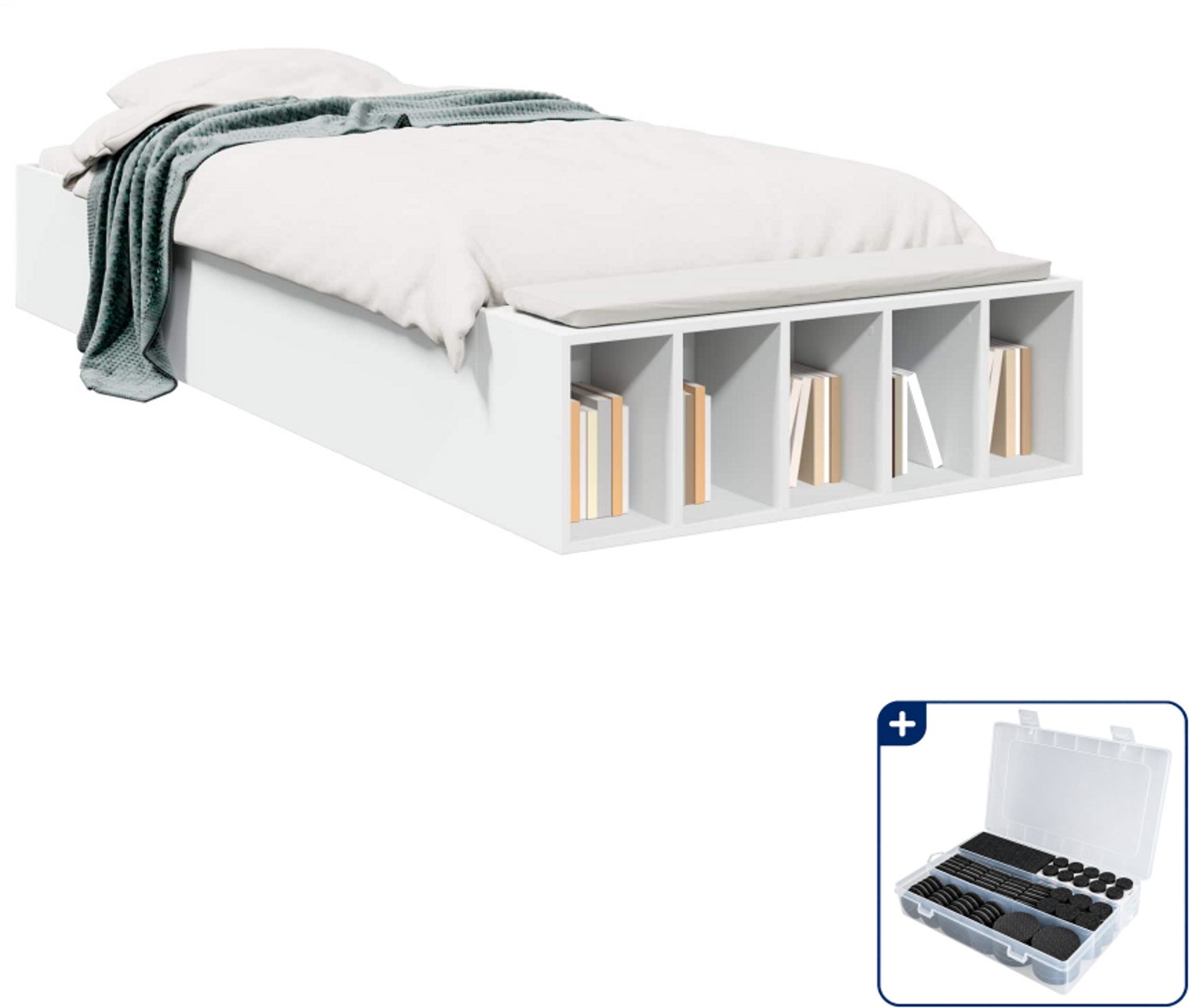 vidaXL bedframe met opslag - 80 x 200 cm - bewerkt hout - wit - Inclusief antikrasvilt 177-delig