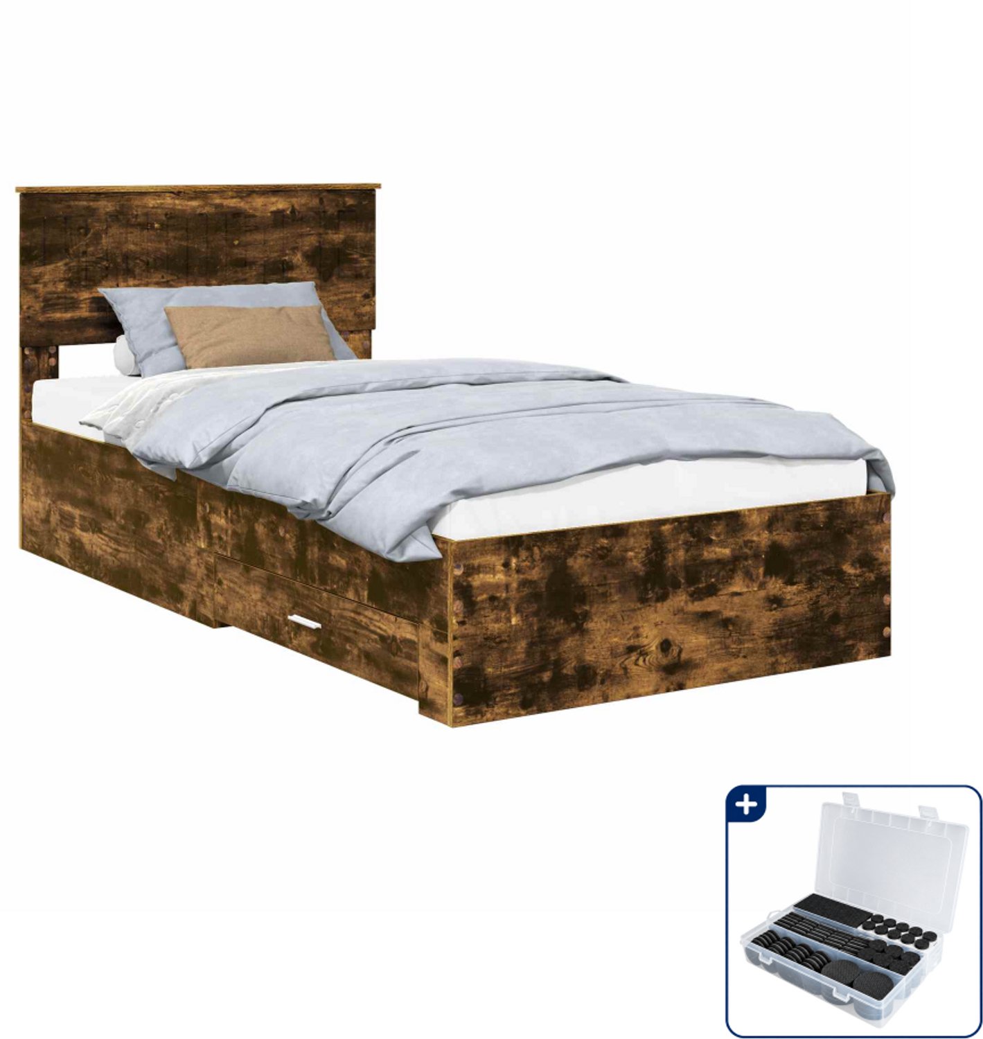 vidaXL bedframe - 100 x 200 cm - bewerkt hout - gerookt eiken - Inclusief antikrasvilt 177-delig Grijs