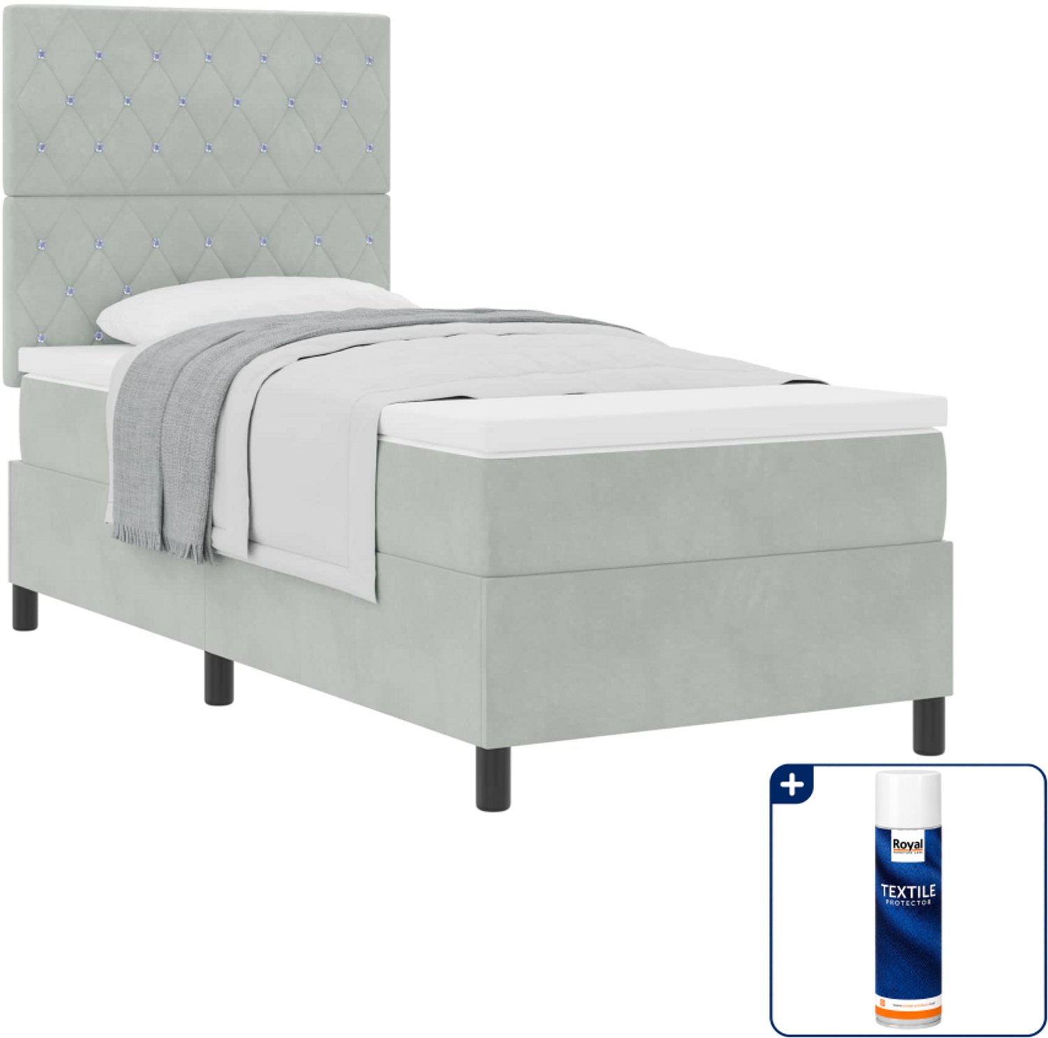 vidaXL boxspringbed met matras - 100 x 200 cm - fluweel - lichtgrijs - Inclusief textielbeschermer 500 ml
