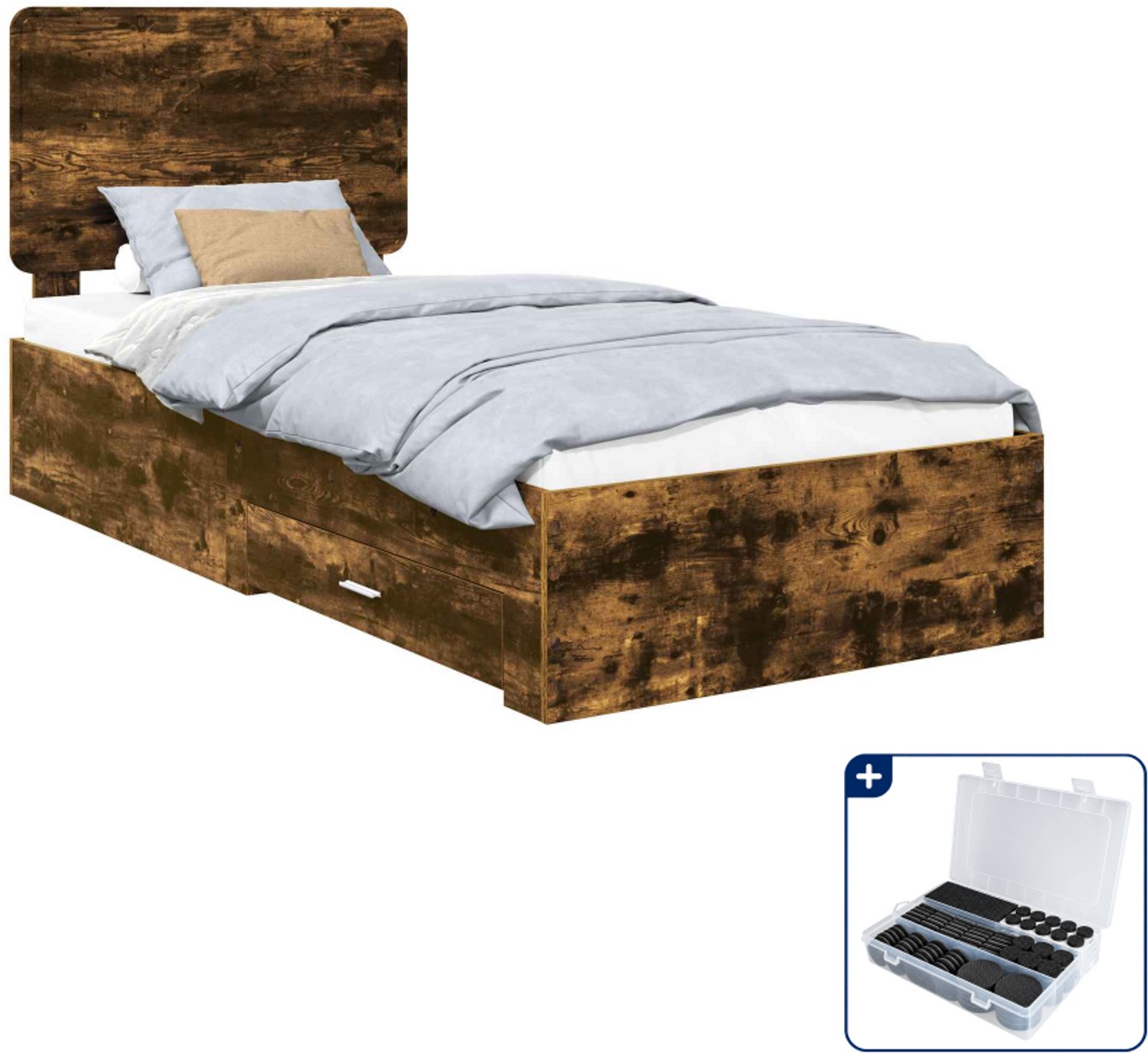 vidaXL bedframe met lade - 90 x 200 cm - bewerkt hout - gerookt eiken - Inclusief antikrasvilt 177-delig Bruin