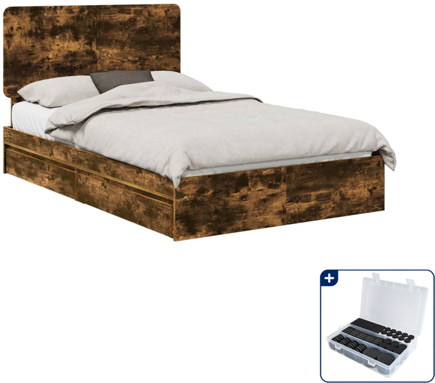 vidaXL bedframe met lade - 135 x 190 cm - bewerkt hout - gerookt eiken - Inclusief antikrasvilt 177-delig Bruin