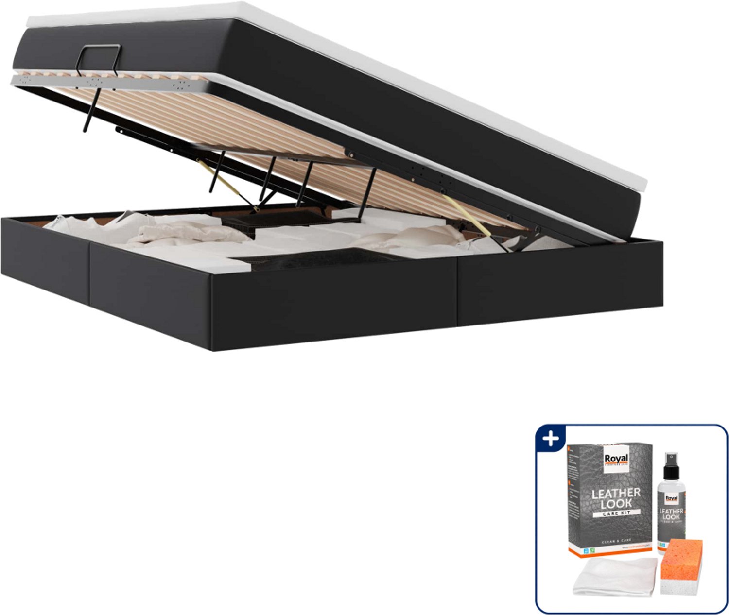 vidaXL opbergbed - Kingsize - 180 x 200 cm - kunstleer - zwart - Inclusief onderhoudsset voor kunstleer 150 ml