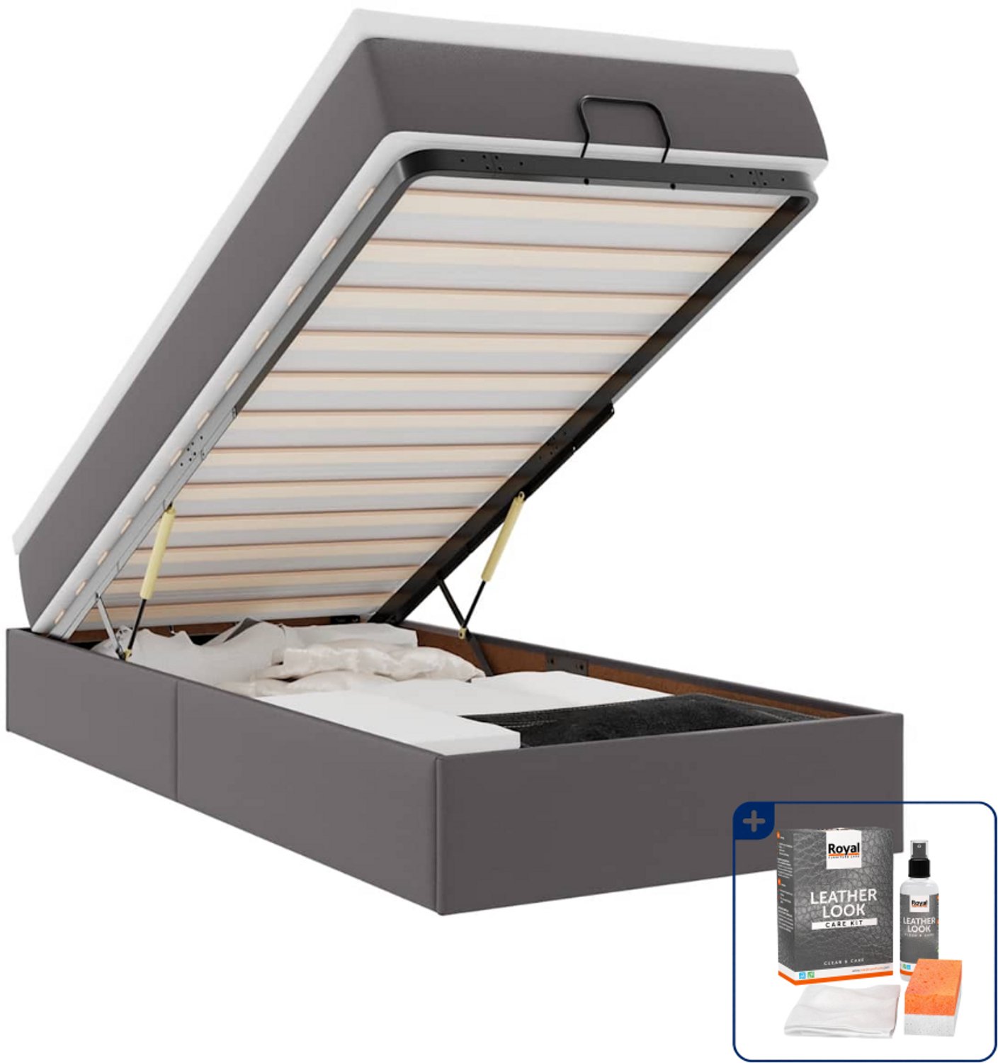 vidaXL ottoman bed - 90 x 200 cm - kunstleer - grijs - Inclusief onderhoudsset voor kunstleer 150 ml Bruin