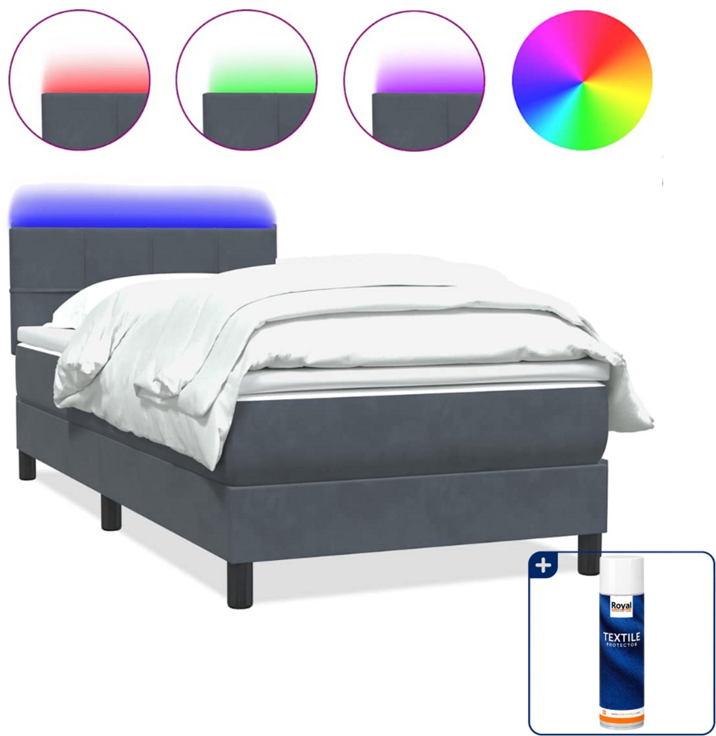 vidaXL boxspring met matras en led - 80 x 220 cm - fluweel - donkergrijs - Inclusief textielbeschermer 500 ml Bruin