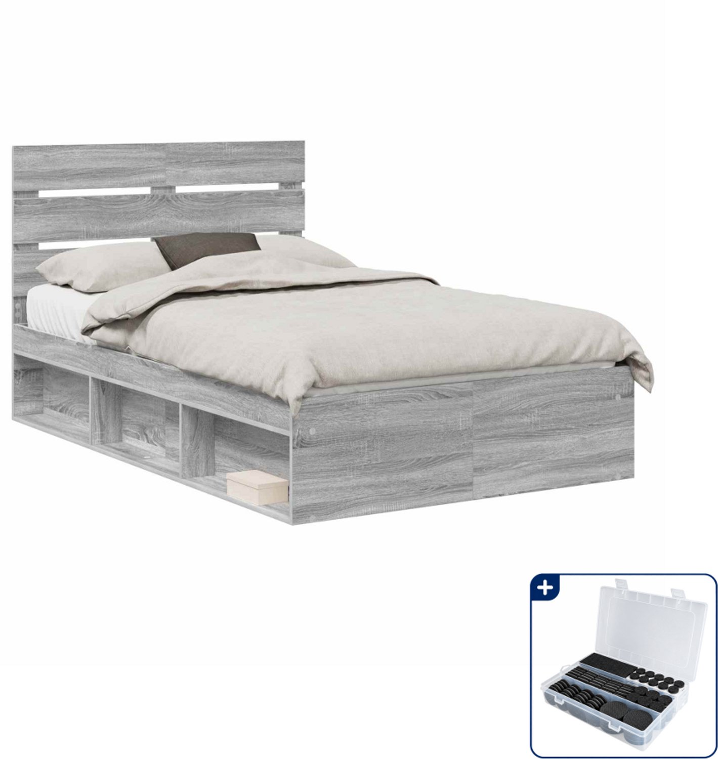 vidaXL Bedframe - 135 x 190 cm - bewerkt hout - grijs sonoma - Inclusief antikrasvilt 177-delig Wit