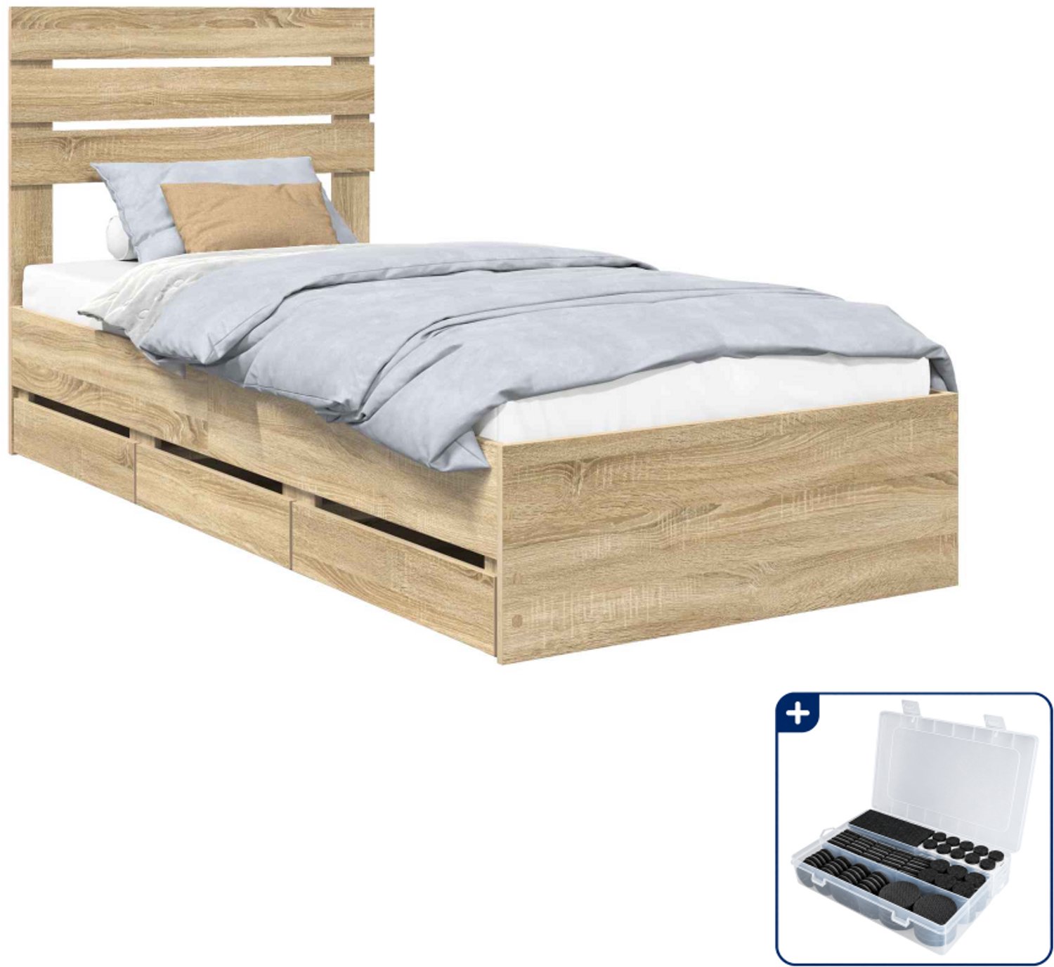vidaXL bedframe met lade - 75 x 190 cm - bewerkt hout - sonoma eiken - Inclusief antikrasvilt 177-delig Grijs