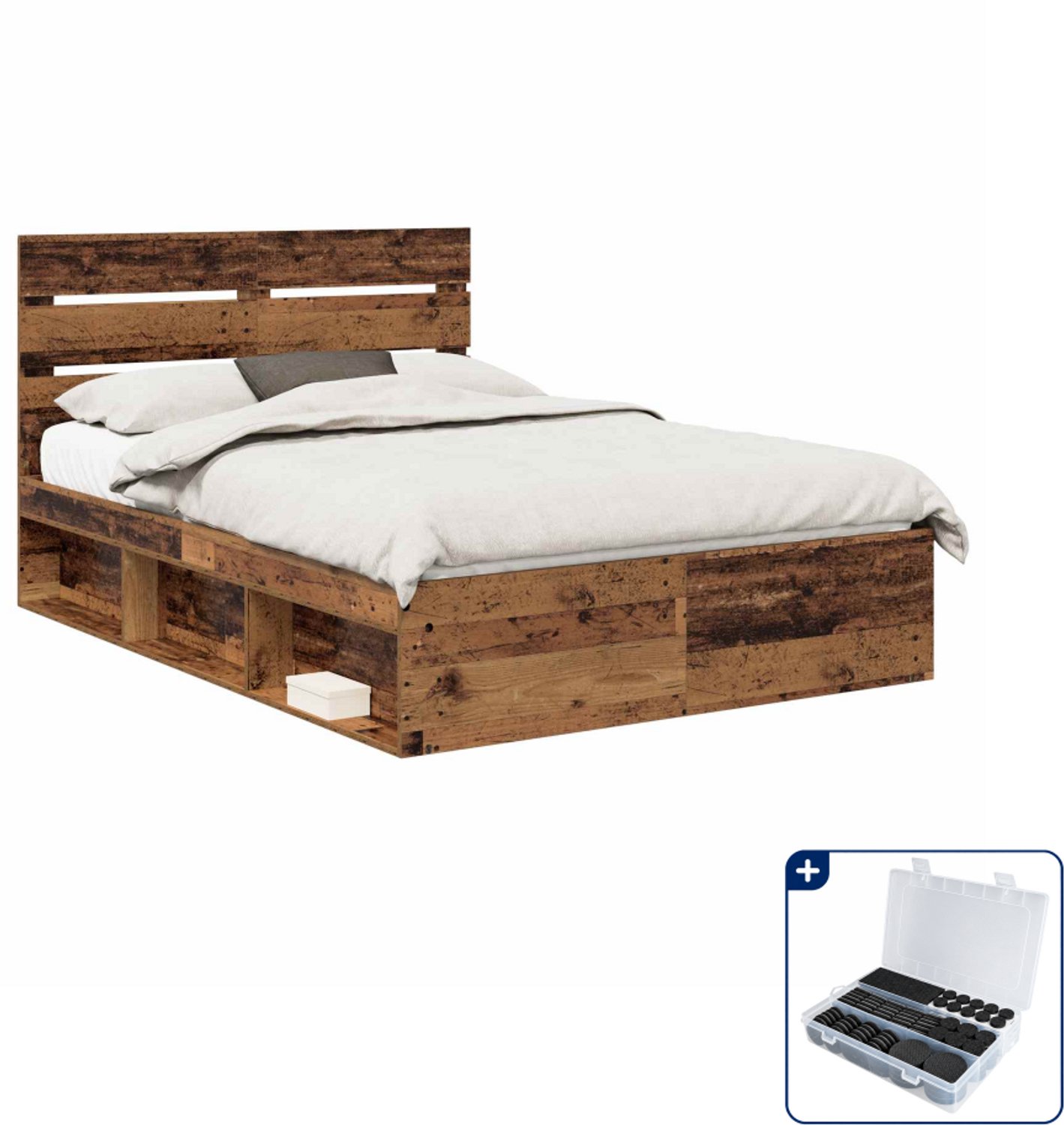 vidaXL bedframe met hoofdeinde - 150 x 200 cm - oudhout - Inclusief antikrasvilt 177-delig Grijs