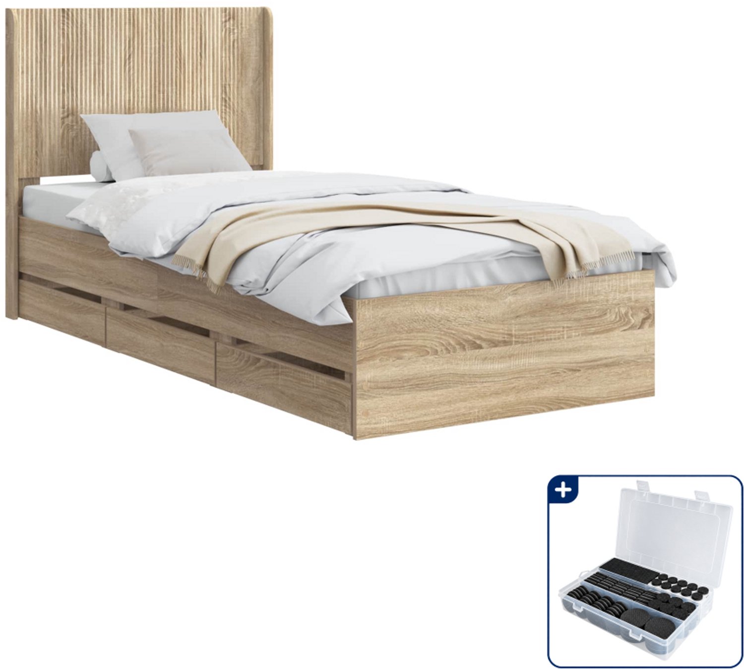 vidaXL bedframe met opbergruimte - 75 x 190 cm - bewerkt hout - eiken - Inclusief antikrasvilt 177-delig Bruin