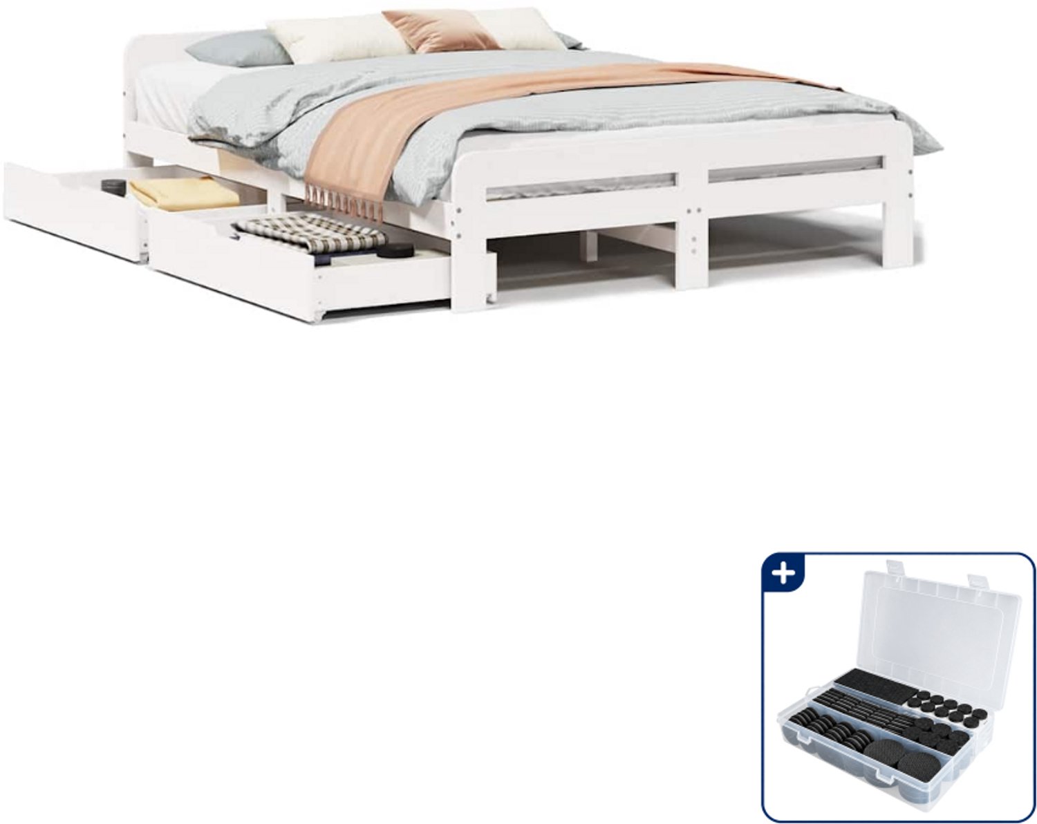 vidaXL Bedframe - 150 x 200 cm - massief grenenhout - wit - Inclusief antikrasvilt 177-delig Bruin