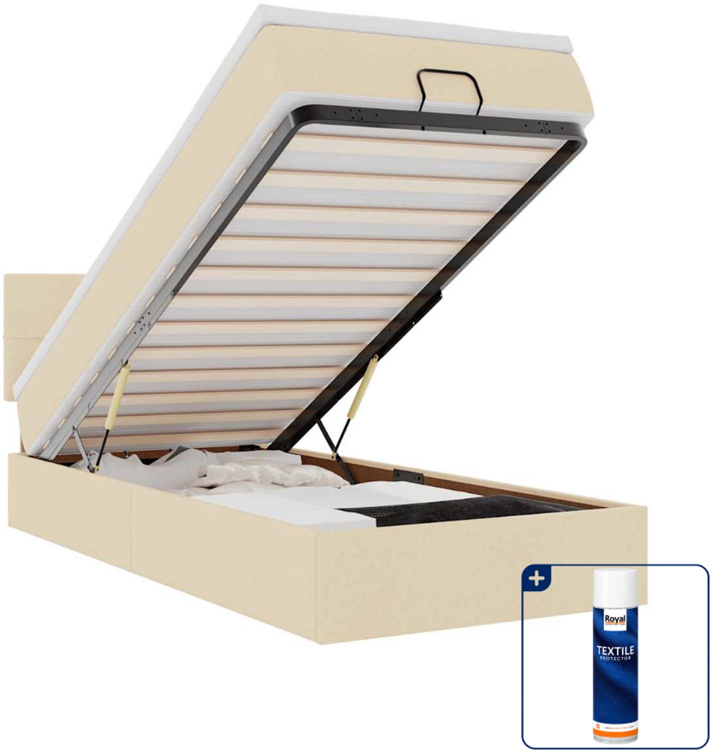 vidaXL bed met matras en LED - 90 x 200 cm - stof - crèmekleurig - Inclusief textielbeschermer 500 ml Zwart