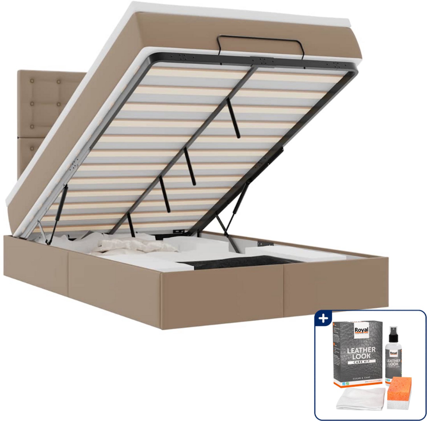 vidaXL ottoman bed met matras en led - 120 x 200 cm - kunstleer - cappuccino - Inclusief onderhoudsset voor kunstleer 150 ml