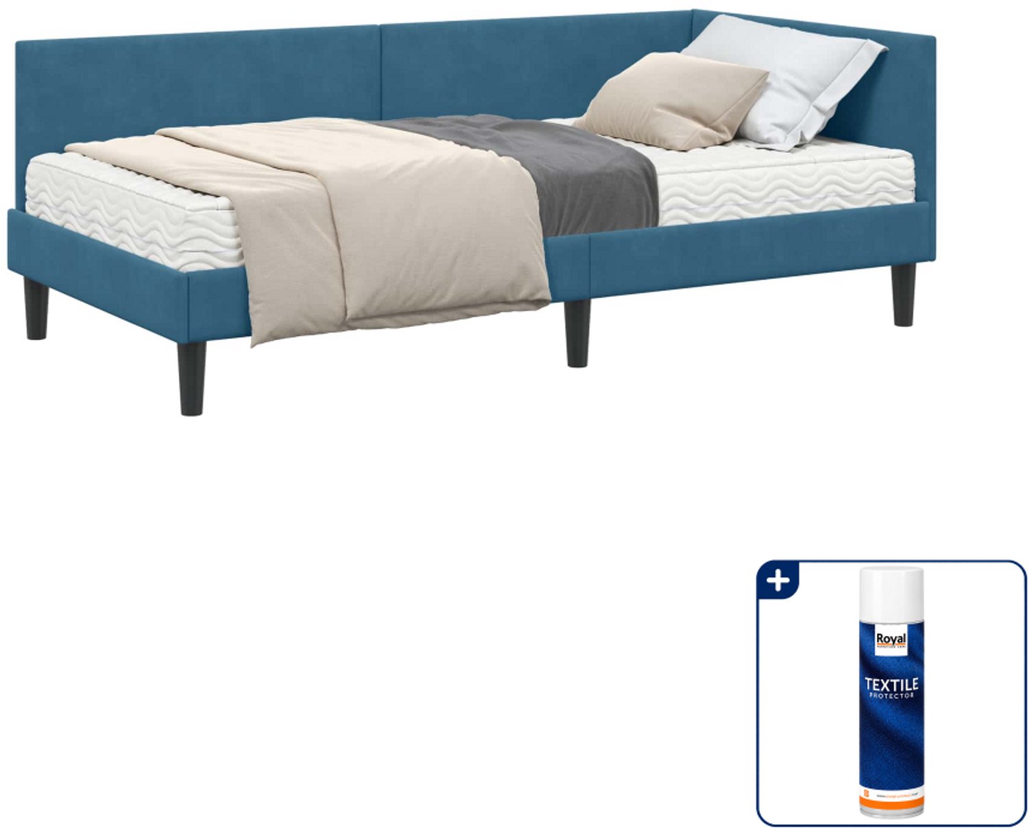 vidaXL hoekbedframe met matras - 90 x 190 cm - fluweel - blauw - Inclusief textielbeschermer 500 ml Taupe