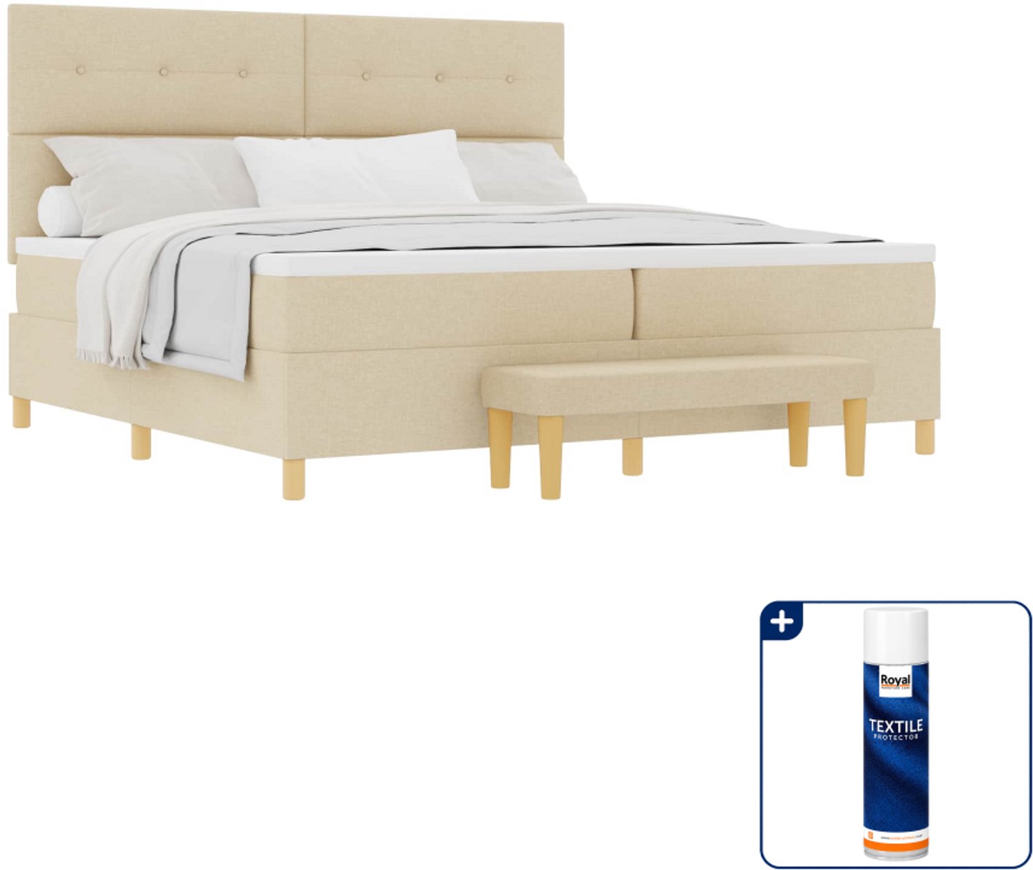 vidaXL boxspring met bank - 200 x 200 cm - crème - Inclusief textielbeschermer 500 ml
