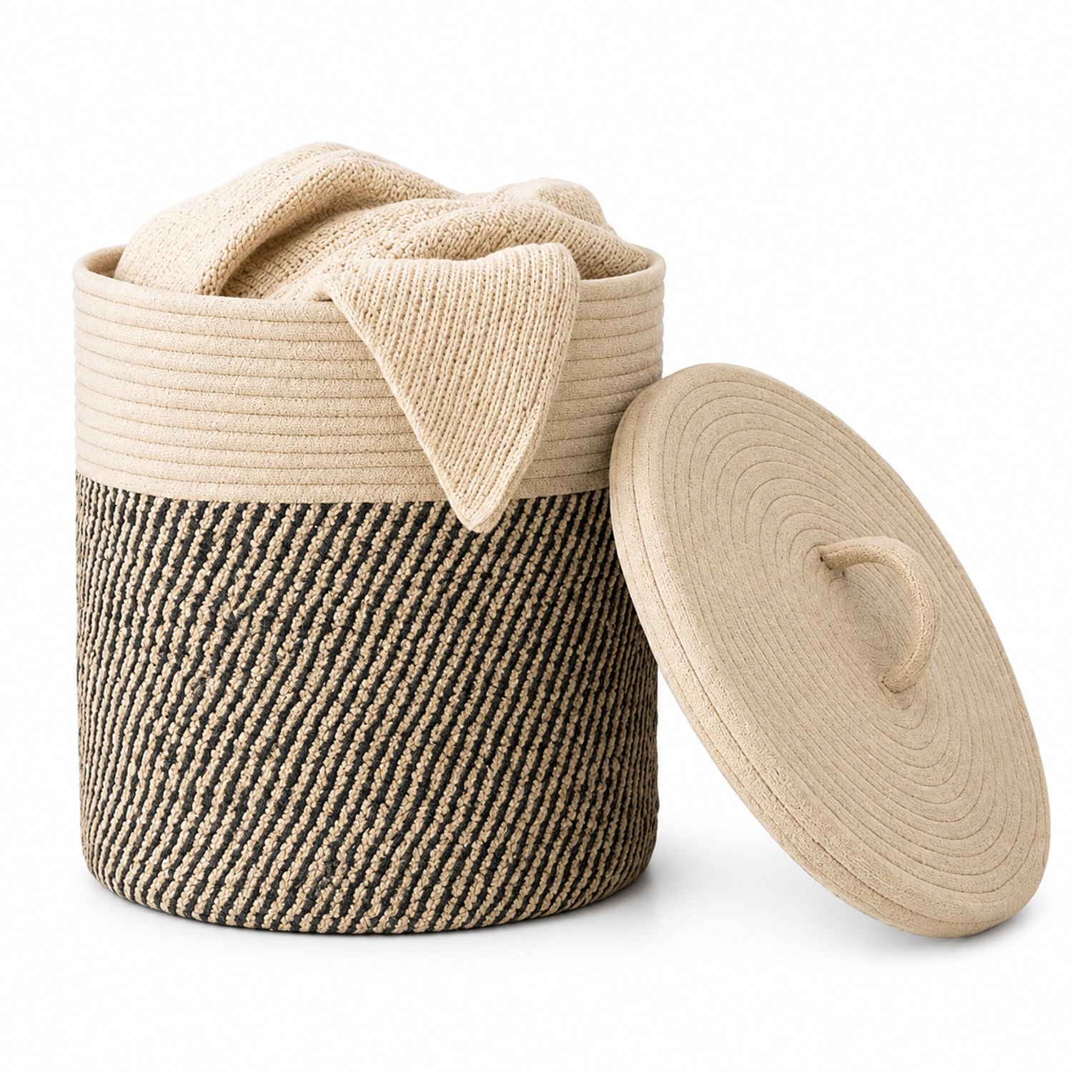 Kaki wasmand van gevlochten katoenen koord met deksel - Cilindervormig met diagonaal patroon - Voor wasgoed en speelgoed