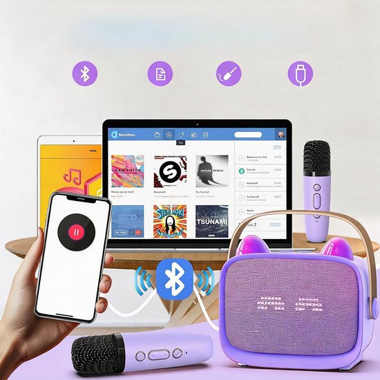 Juksun® Kinder Karaoke Set met 2 Draadloze Microfoons - Draagbare Bluetooth Speaker met RGB LED Verlichting en 4 Stemeffecten - Voor Kinderen en Volwassenen — afbeelding 2