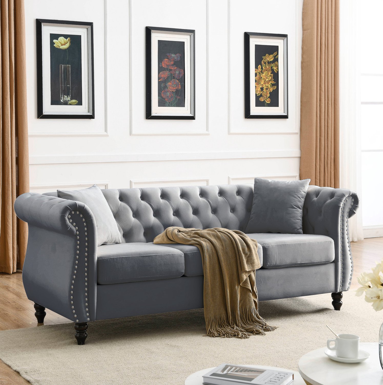 MODENUIT Chesterfield Bank 203 x 73,6 x 76 cm - 2-Zits Met Knopen - Woonkamer - Fluweel - Grijs