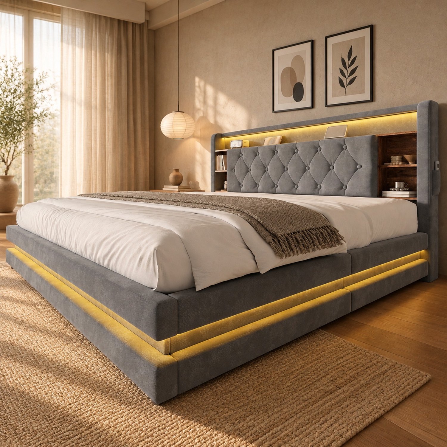 Wishdor Tweepersoonsbed 180x200 cm - Gestoffeerd bed met hydraulische opbergruimte - Hoofdbord met vakken en zijvakken - LED-verlichting en USB- en Type-C-aansluitingen - Fluweel - Grijs