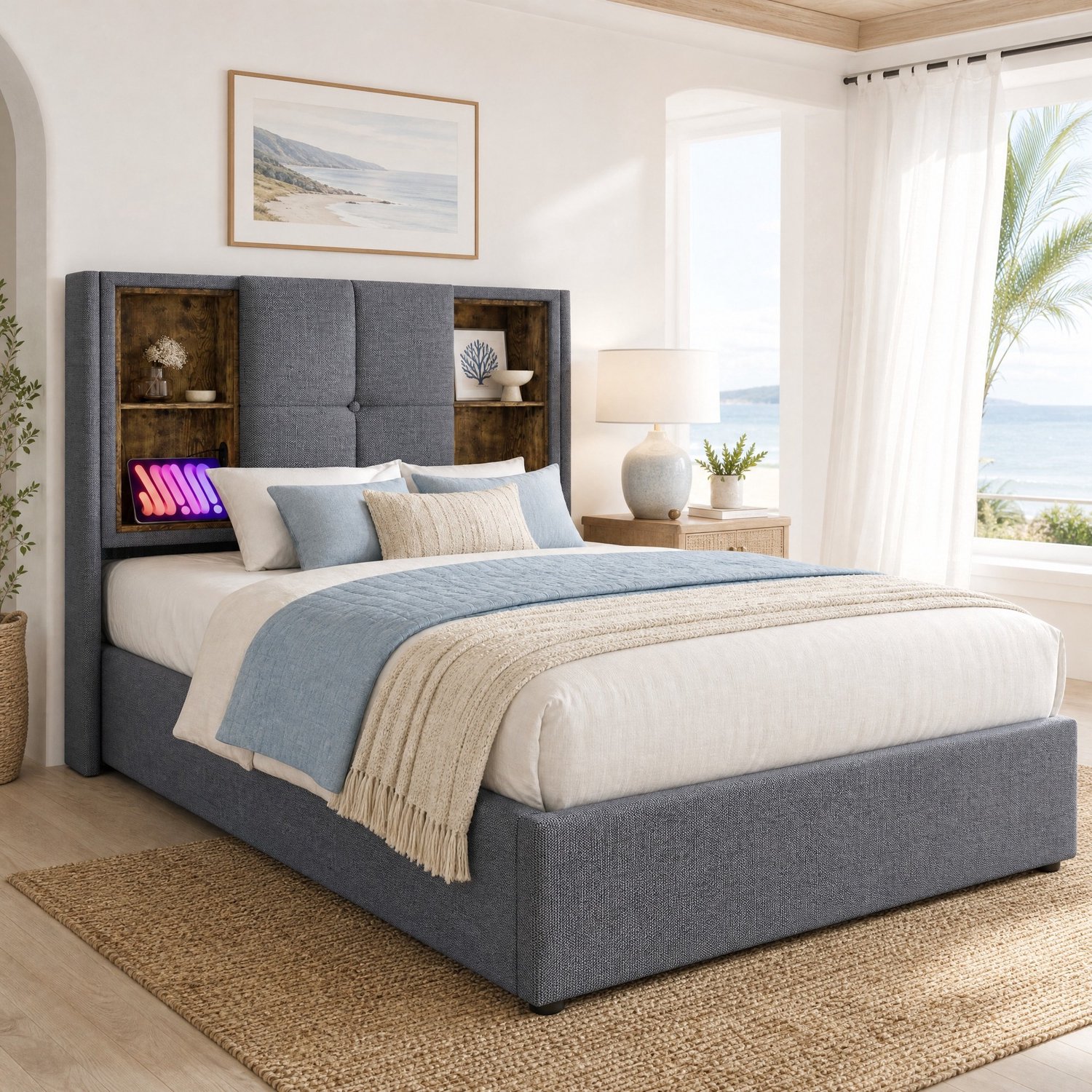Maisentiel Eenpersoonsbed 90 x 200 cm met opbergruimte en draadloos opladen - grijs
