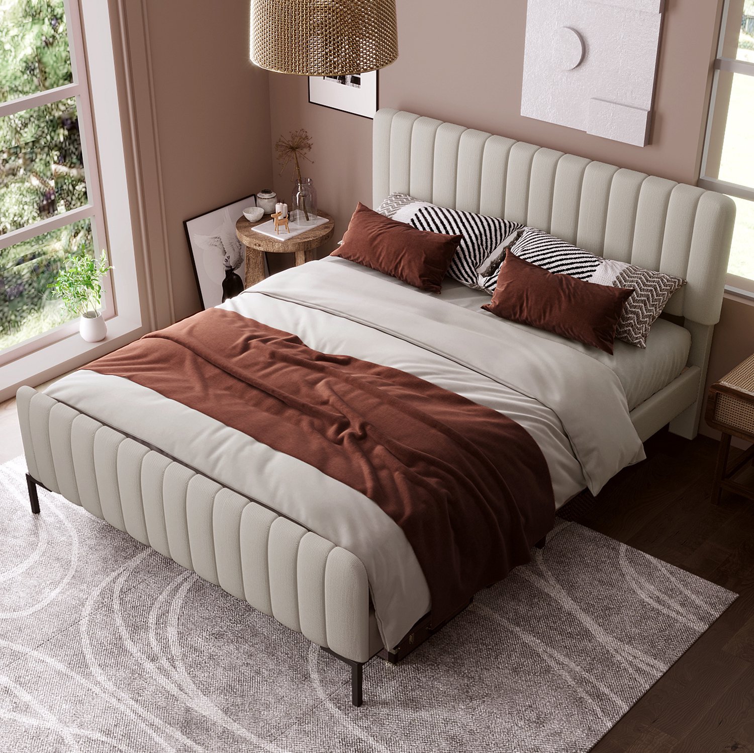 Maisentiel Gestoffeerd tweepersoonsbed 180 x 200 cm met lattenbodem en verstelbaar hoofdbord – grijs-beige