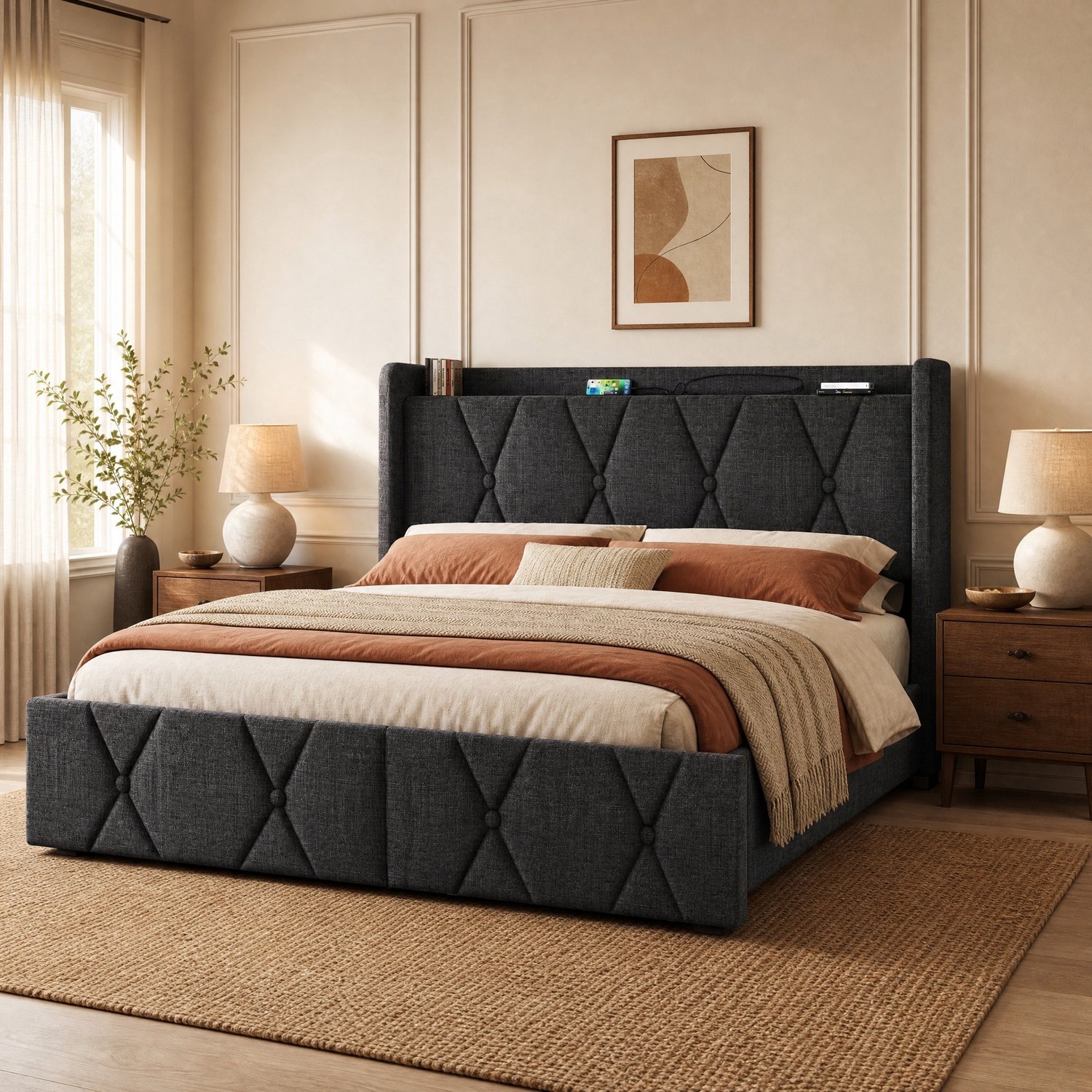 Maisentiel Gestoffeerd tweepersoonsbed 140 x 200 cm - 4 lades, USB en stopcontacten - grijs