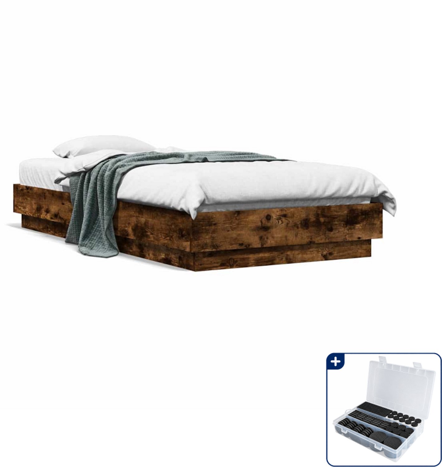 vidaXL bedframe - 90 x 190 cm - bewerkt hout - gerookt eiken - Inclusief antikrasvilt 177-delig Bruin