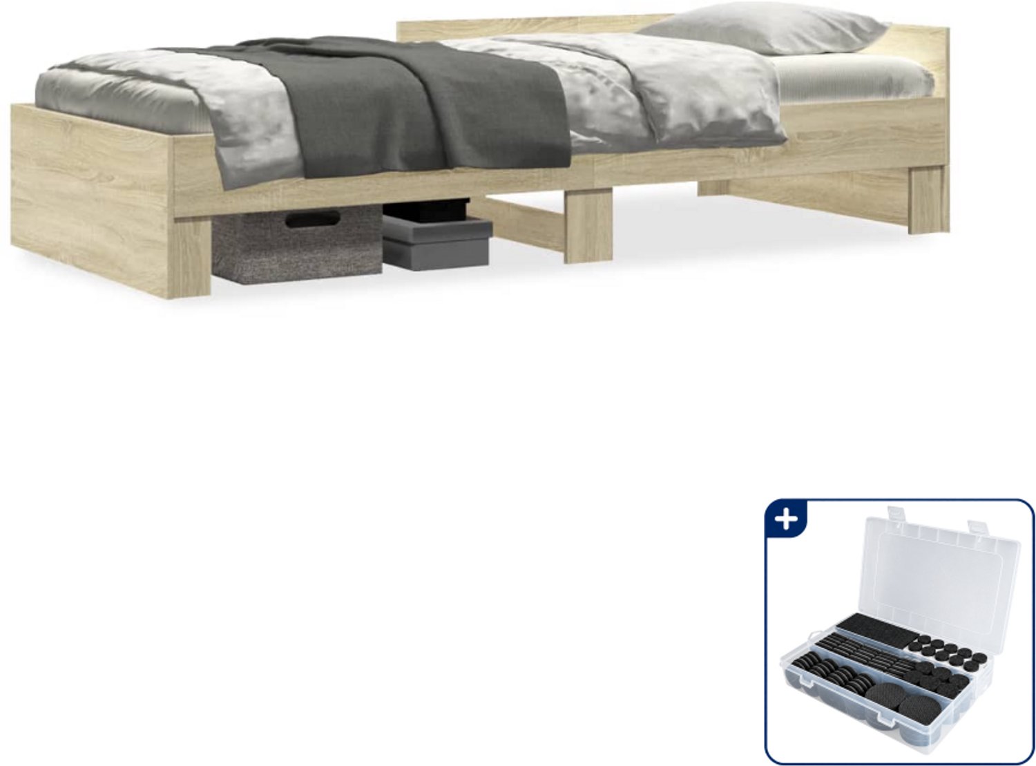 vidaXL bedframe - 90 x 200 cm - bewerkt hout - sonoma eiken - Inclusief antikrasvilt 177-delig Bruin