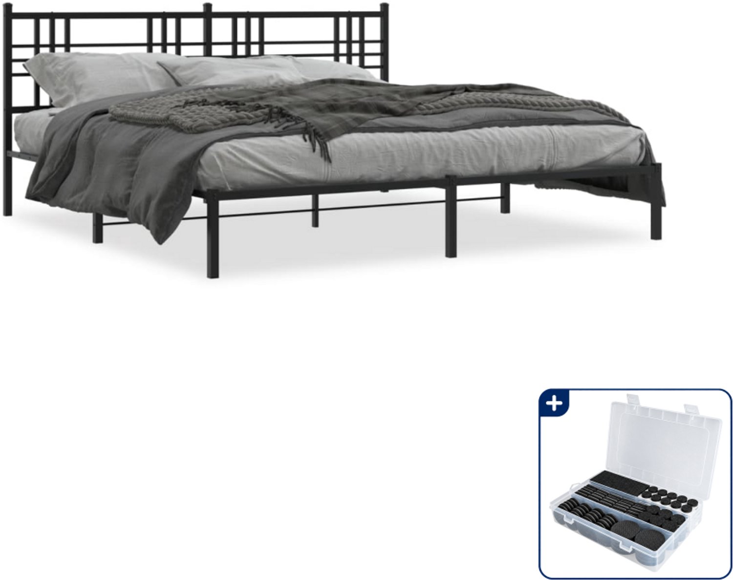 vidaXL bedframe met hoofdbord - 193 x 203 cm - staal - zwart - Inclusief antikrasvilt 177-delig