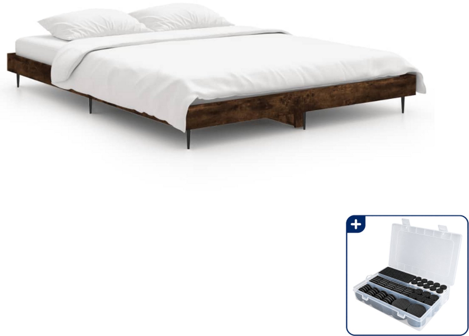 vidaXL bedframe - 135 x 190 cm - bewerkt hout - gerookt eiken - Inclusief antikrasvilt 177-delig Bruin