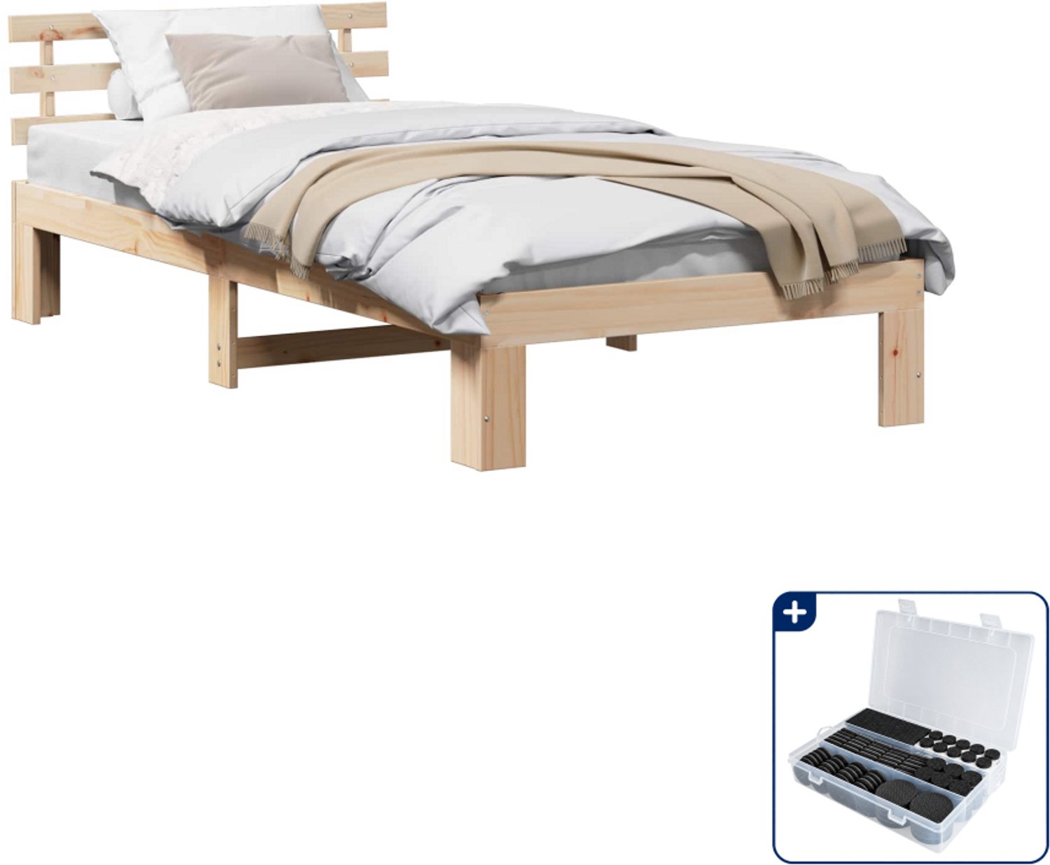 vidaXL bedframe met hoofdeinde - 75 x 190 cm - massief grenenhout - Inclusief antikrasvilt 177-delig Bruin