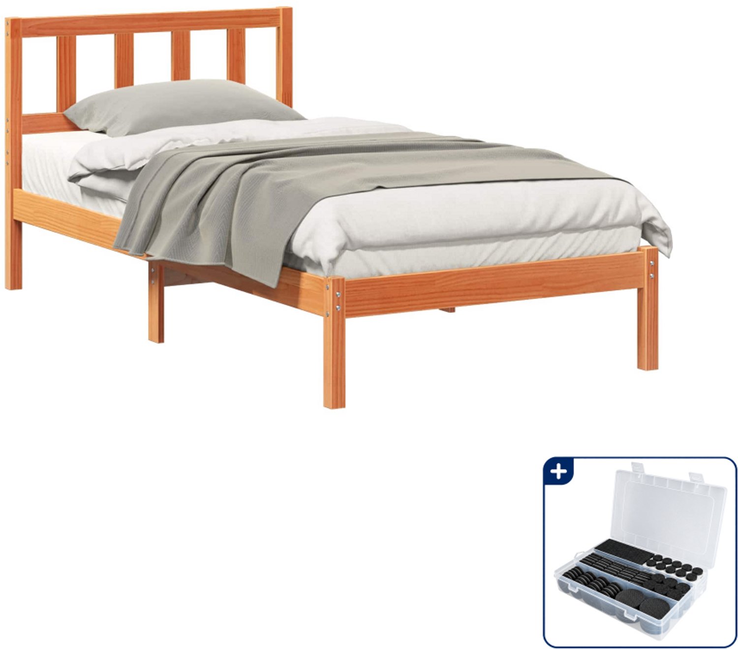 vidaXL bedframe met hoofdeinde - 75 x 190 cm - massief grenenhout - wasbruin - Inclusief antikrasvilt 177-delig