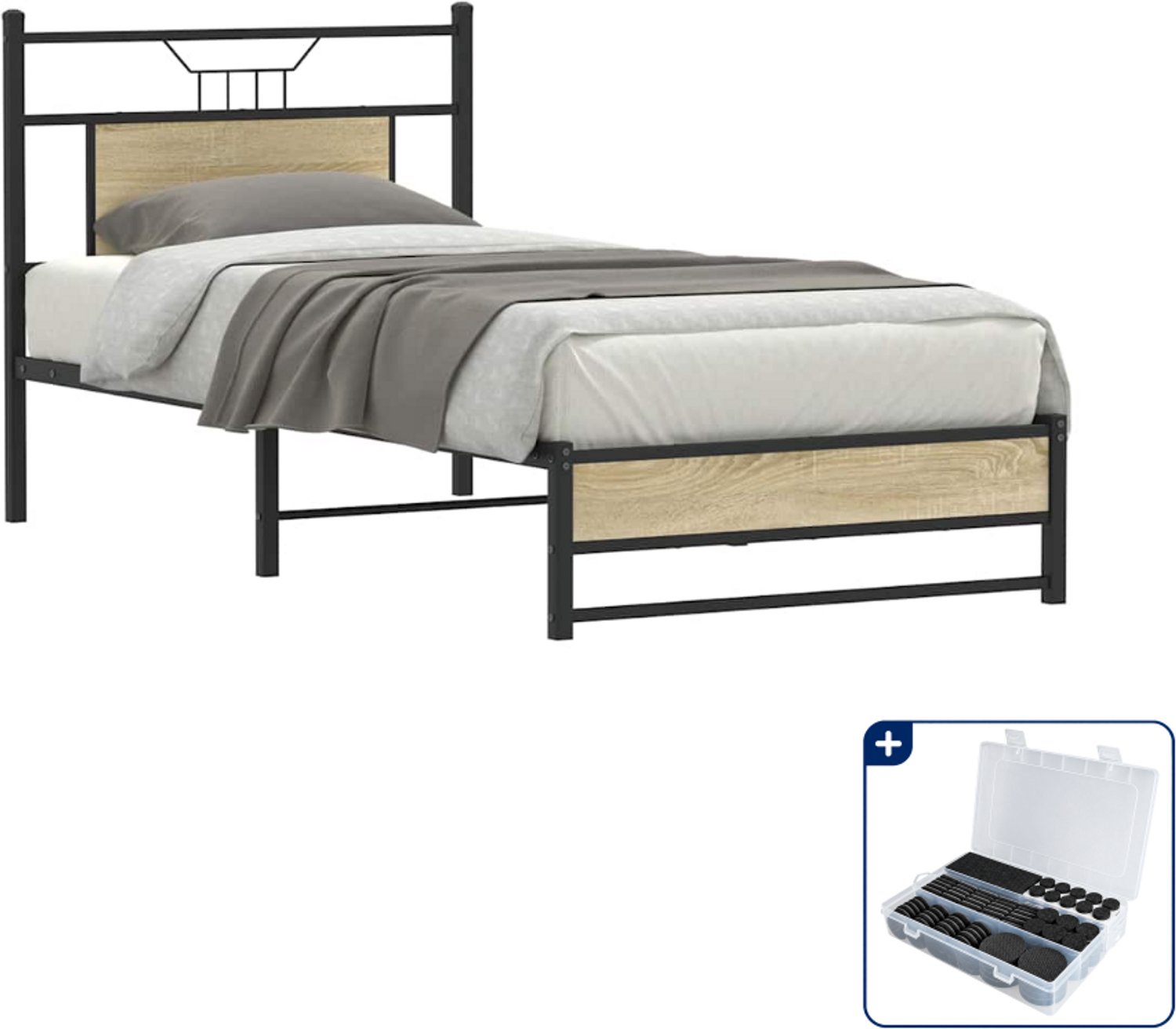 vidaXL Bedframe - 90 x 190 cm - sonoma eiken - Inclusief antikrasvilt 177-delig Bruin