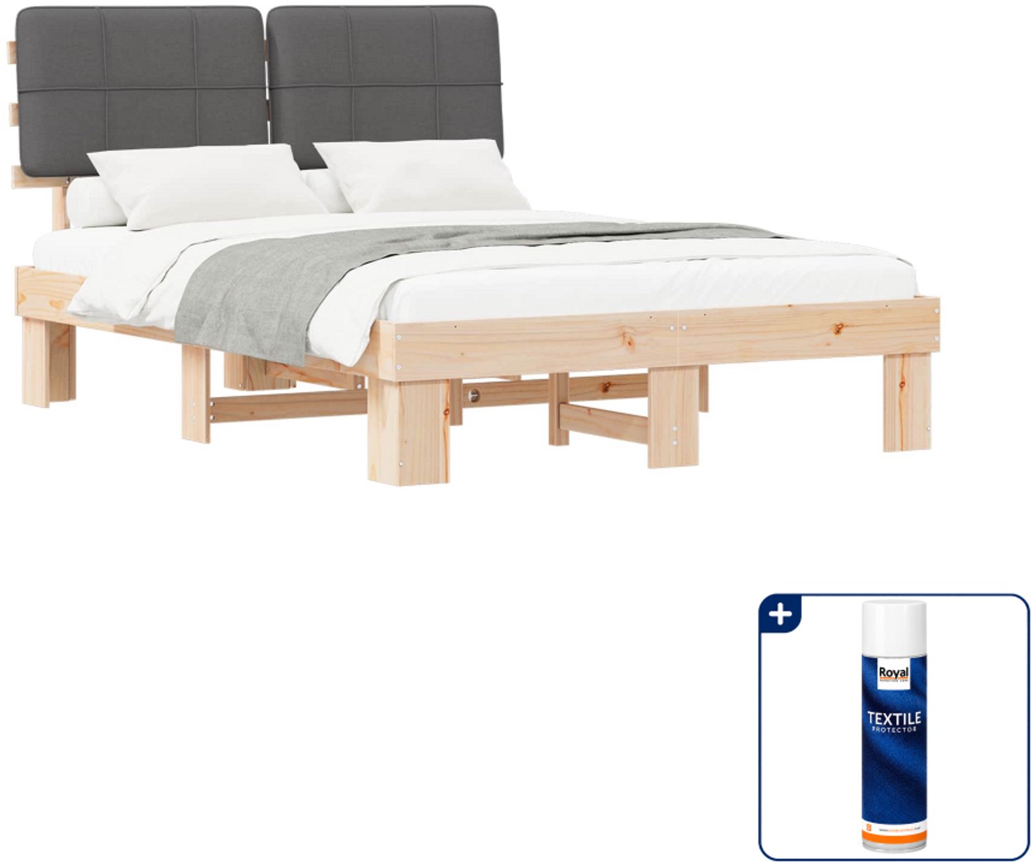 vidaXL bedframe - 150 x 200 cm - massief grenenhout - naturel/donkergrijs - Inclusief textielbeschermer 500 ml