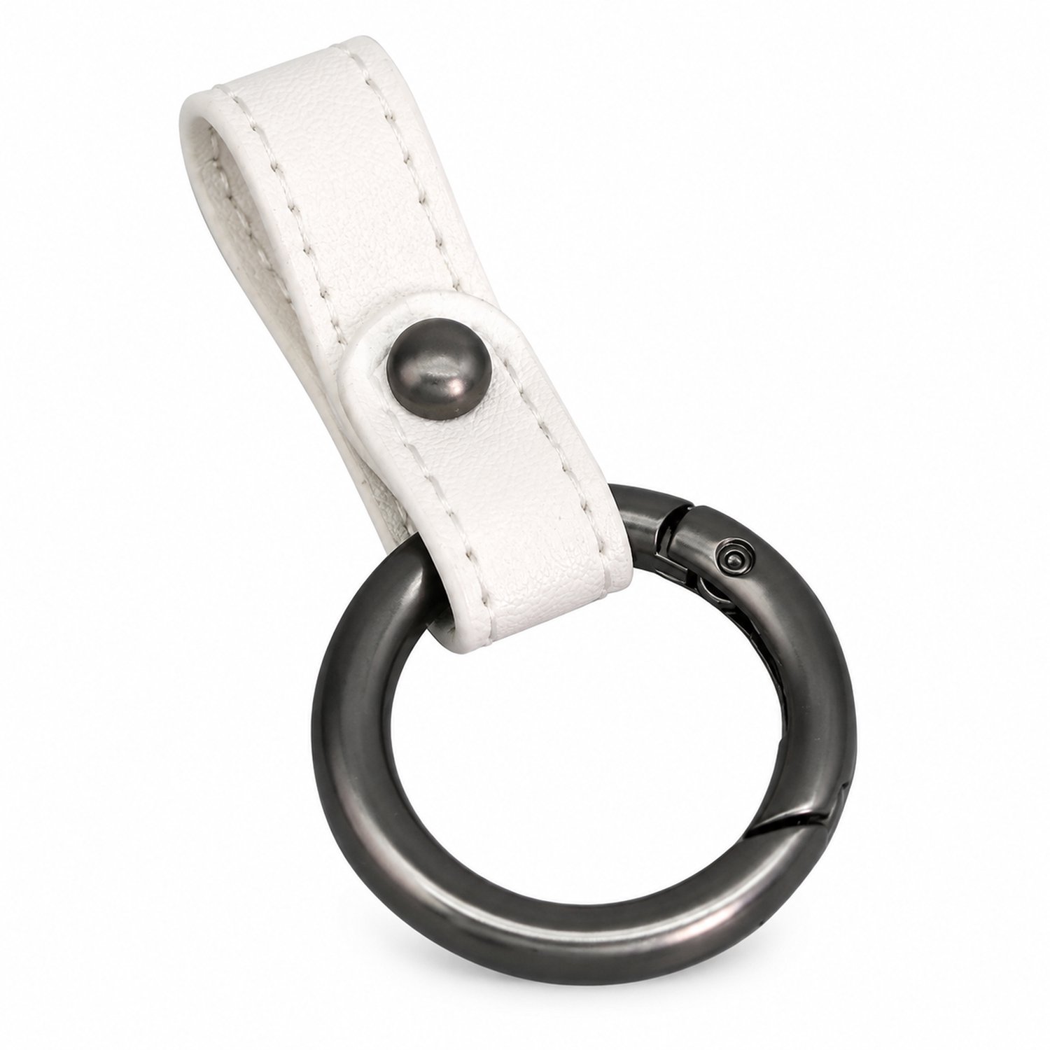 Sleutelhanger van wit PU met gestikte lus en matte gunmetalkleurige sleutelring
