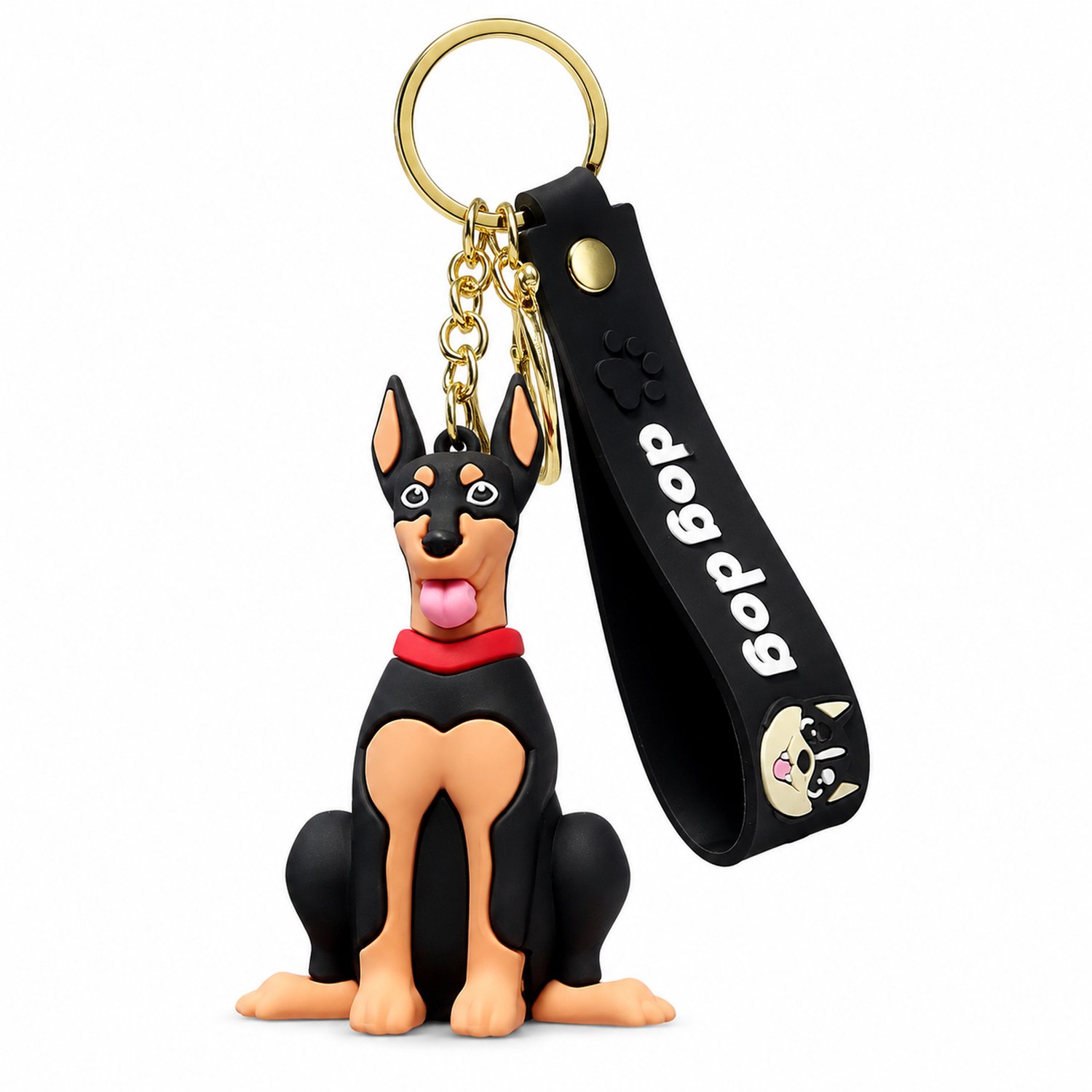Sleutelhanger dobermann van PVC met sleutelring, ketting en zwarte lus voor tas en autosleutels
