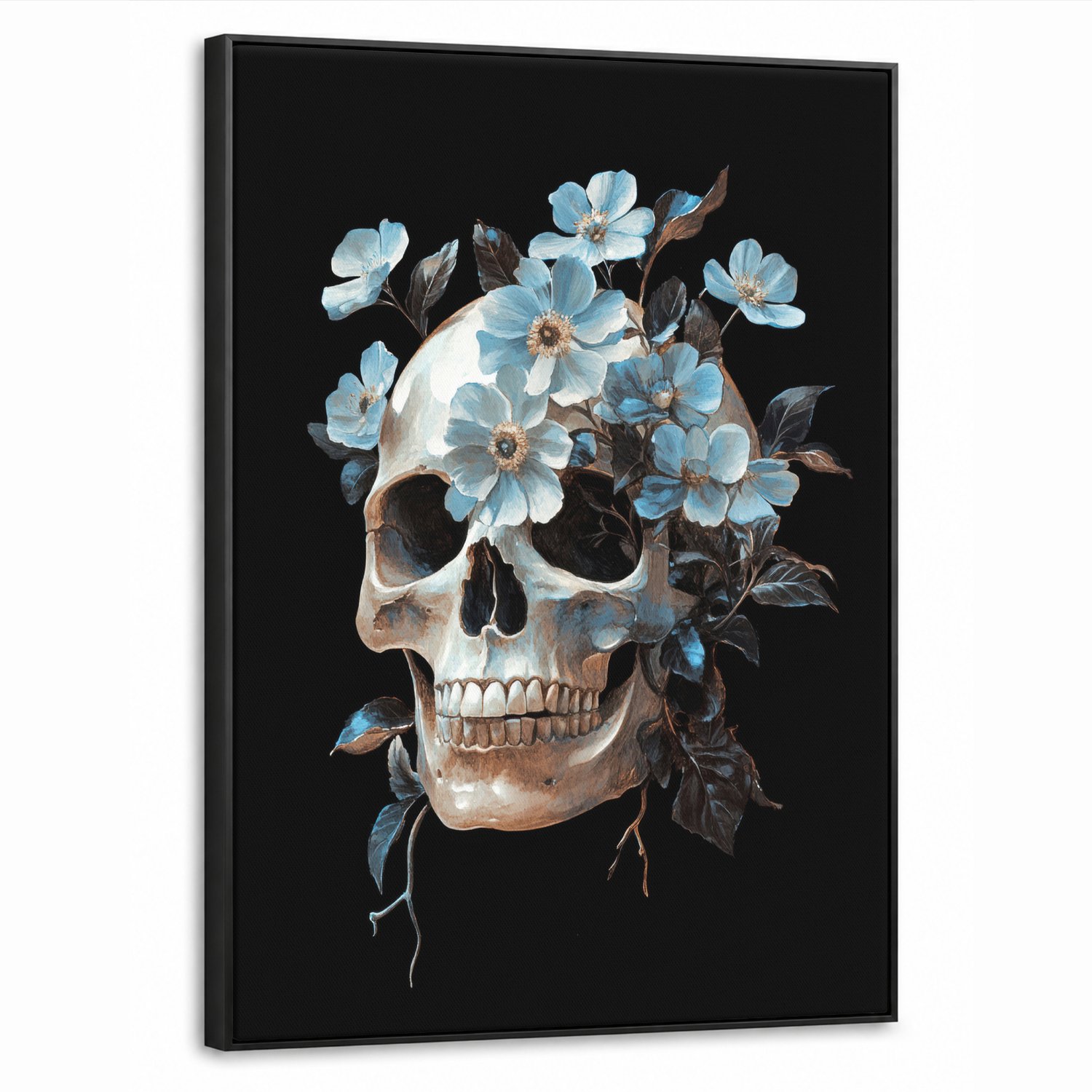 Canvas Schilderij met Baklijst 60x80cm - Schedel - Blauw - Bloemen - Bladeren - Muurdecoratie woonkamer - Slaapkamer decoratie - Kamer accessoires - Schilderijen op canvas met lijst