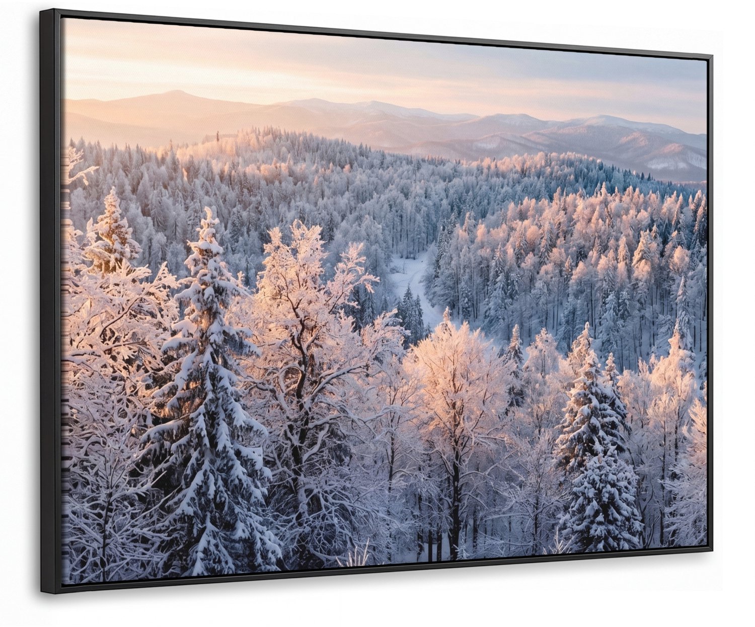 Canvas Schilderij met Baklijst 100x70cm - Bos - Bergen - Goud - Winter - Warm - Muurdecoratie woonkamer - Slaapkamer decoratie - Kamer accessoires - Schilderijen op canvas met lijst
