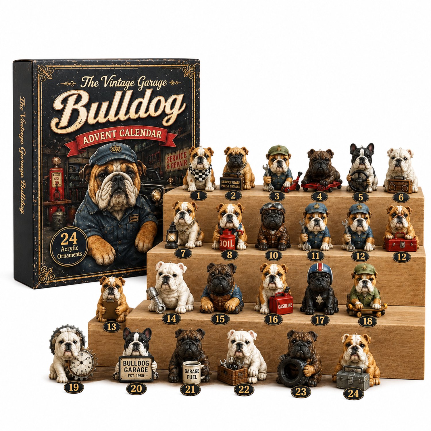 SWGOTA Adventskalender 2026 met 24 bulldogfiguurtjes, retrogaragethema, kerstdecoratie, verpakking 26 x 18 x 3 cm Bruin