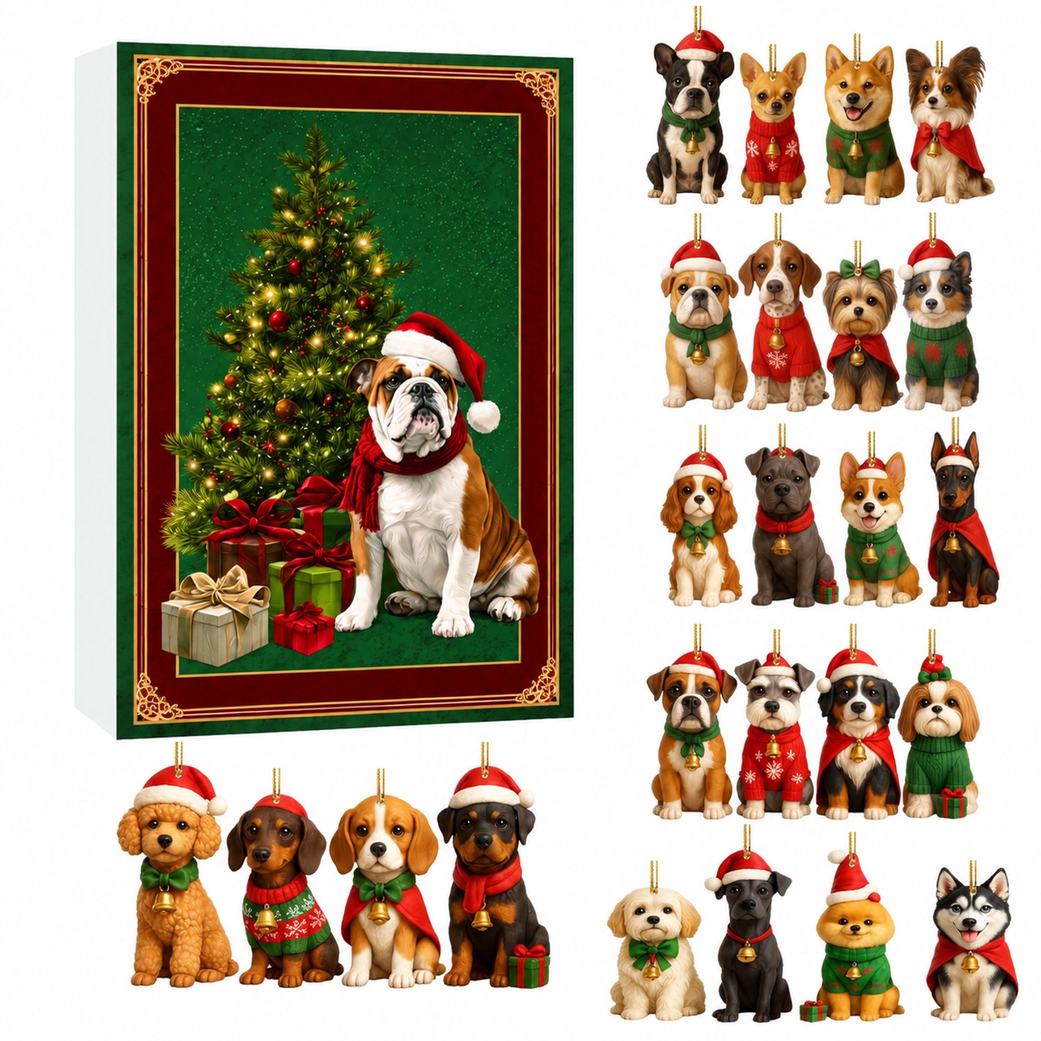 Adventskalender 2026 voor hondenliefhebbers met 24 genummerde vakjes en acryl hangdecoraties - 26 x 18 x 3 cm