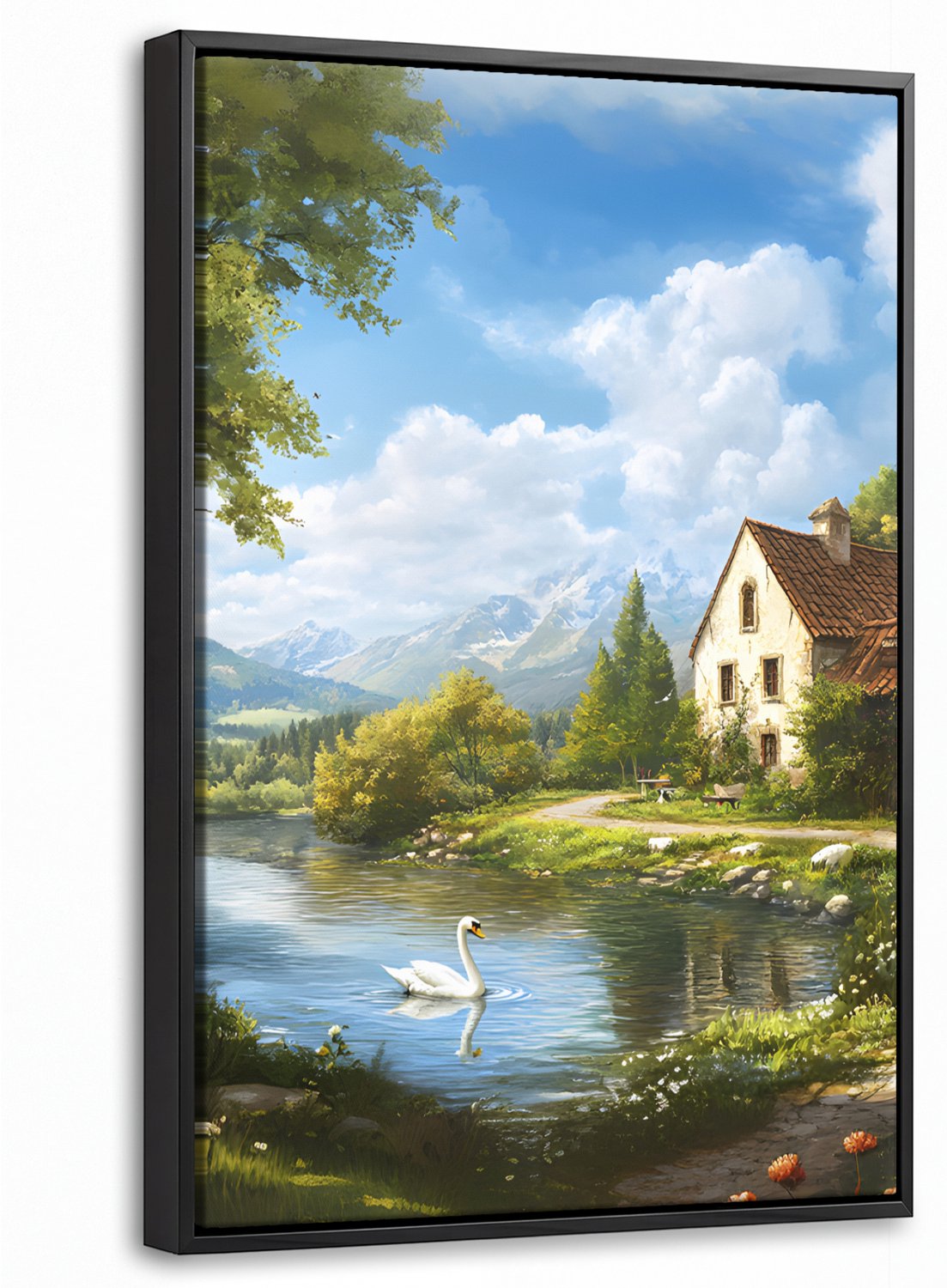Canvas Schilderij met Baklijst 40x60cm - Zwaan - Bomen - Rust - Muurdecoratie woonkamer - Slaapkamer decoratie - Kamer accessoires - Schilderijen op canvas met lijst
