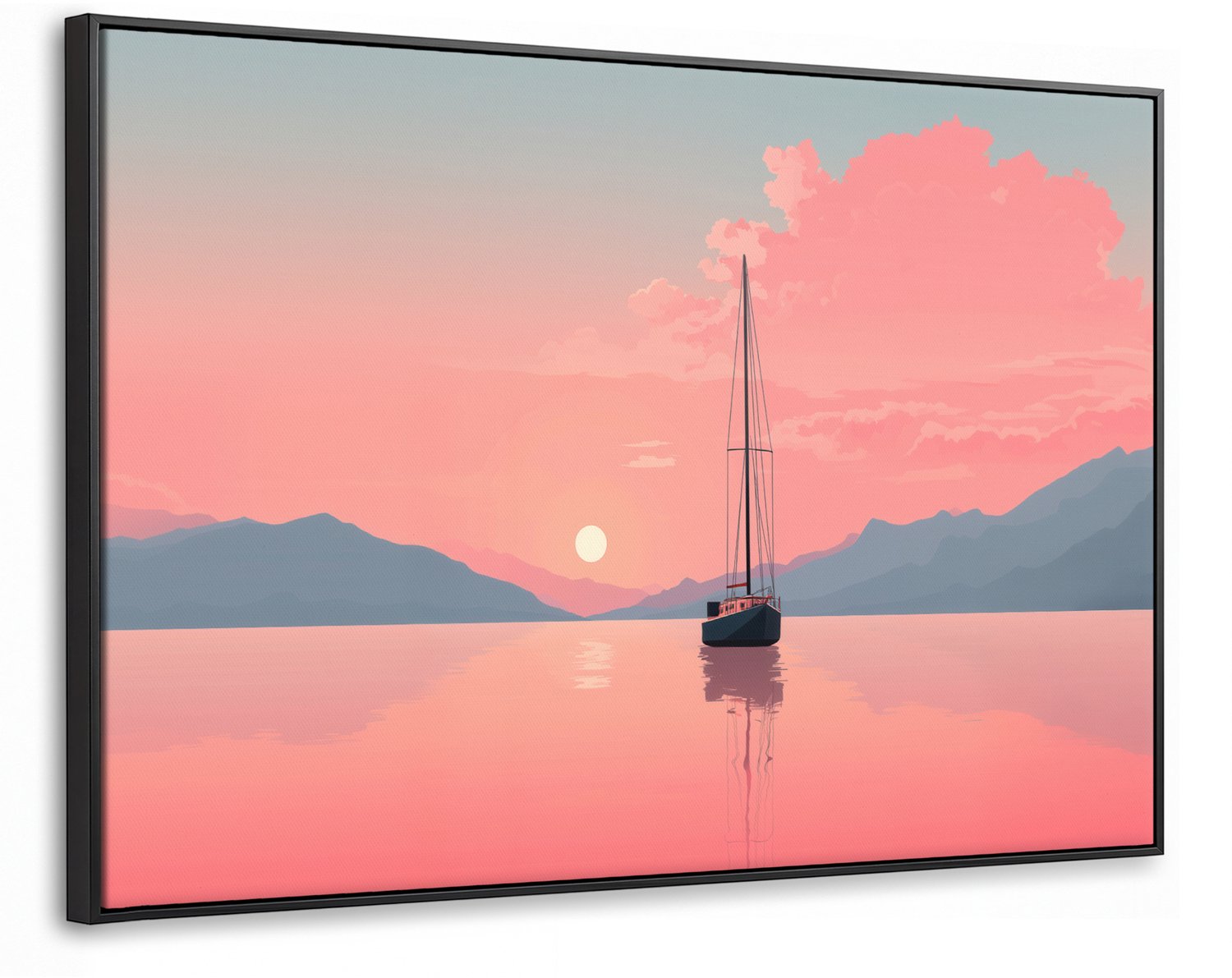 Canvas Schilderij met Baklijst XXL Canvas Schilderij met Baklijst 140x90cm - Zeilboot - Roze zee - Zonsondergang - Bergen - Muurdecoratie woonkamer - Slaapkamer decoratie - Kamer accessoires - Schilderijen op canvas met lijst groot