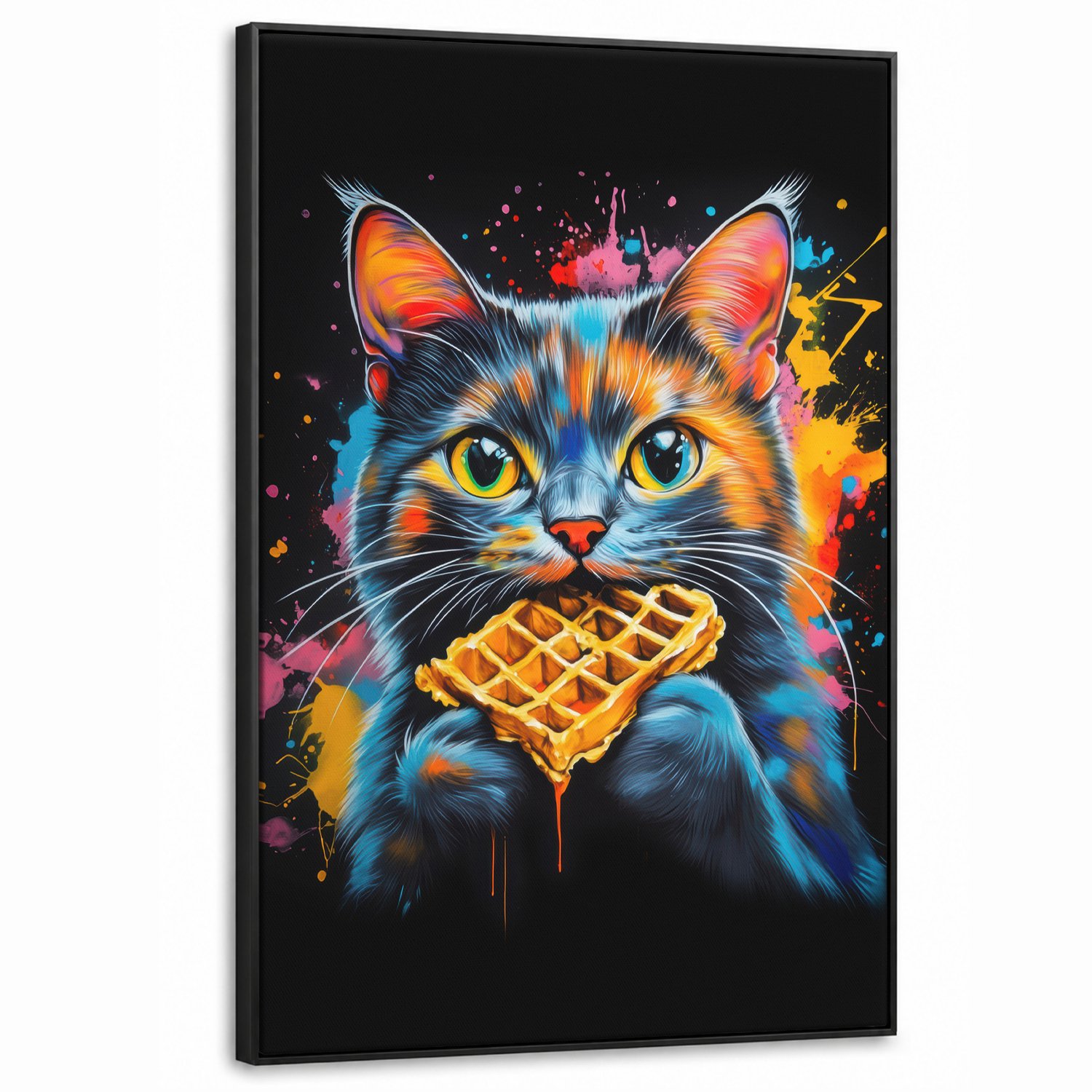Canvas Schilderij met Baklijst XXL Canvas Schilderij met Baklijst 100x150cm - Kat - Graffiti - Kleurrijk - Wafel - Eten - Muurdecoratie woonkamer - Slaapkamer decoratie - Kamer accessoires - Schilderijen op canvas met lijst groot