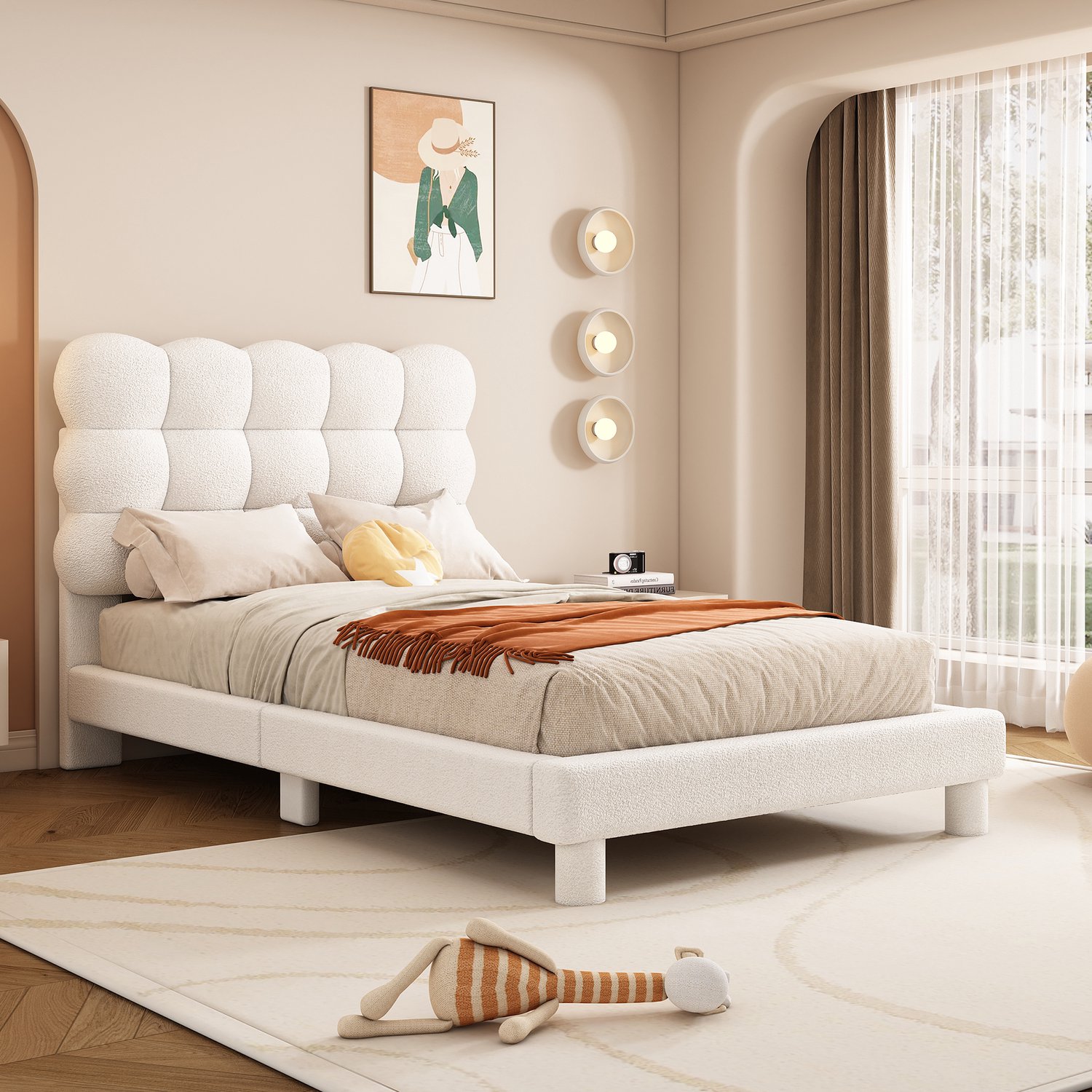 Zubaliya Gestoffeerd bed - 90 x 200 cm - Wit - pluche - Verstelbaar hoofdbord