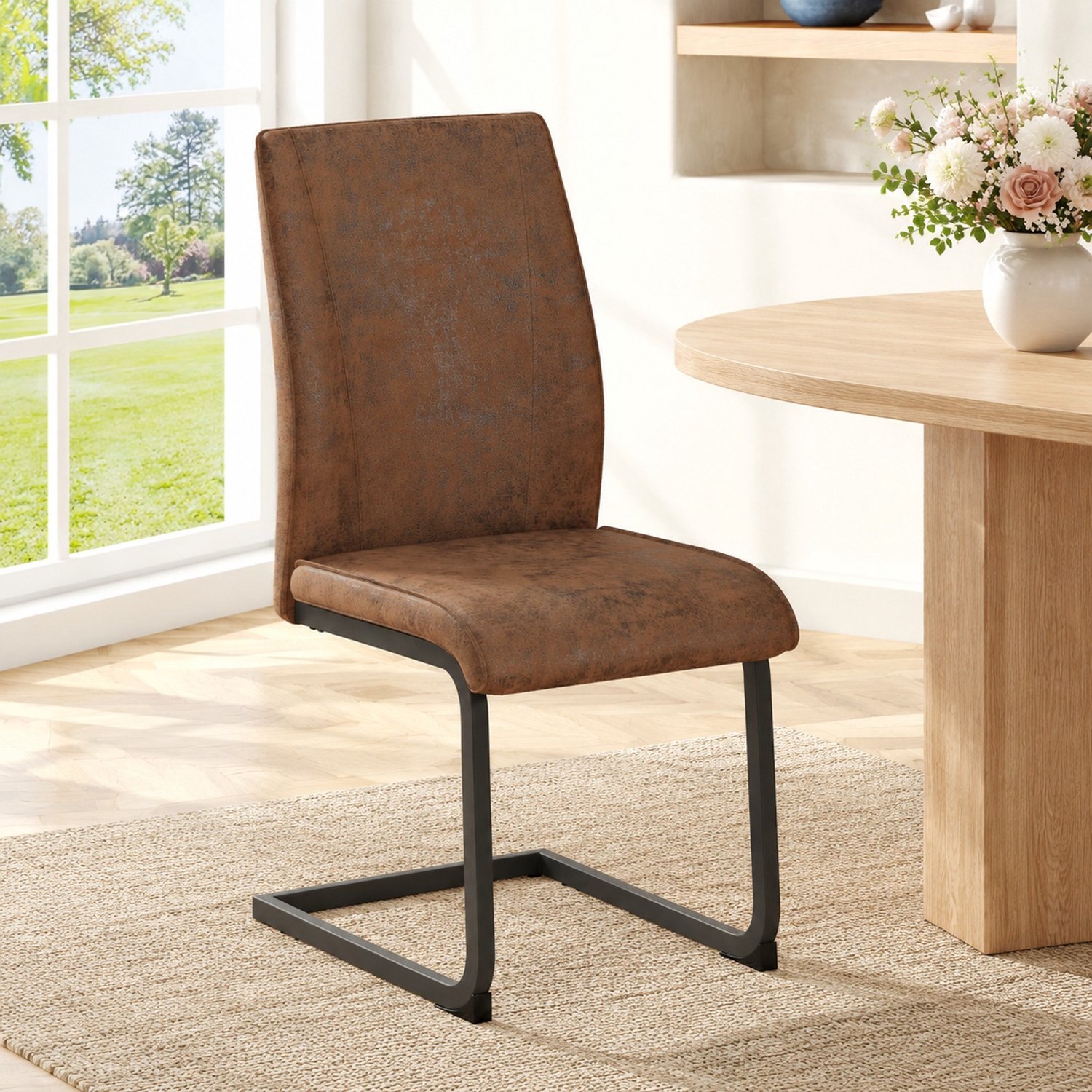 MODFU Eetkamerstoelen Set Van 2 - Gestoffeerde Zitting - Metalen Frame - Bruin En Zwart